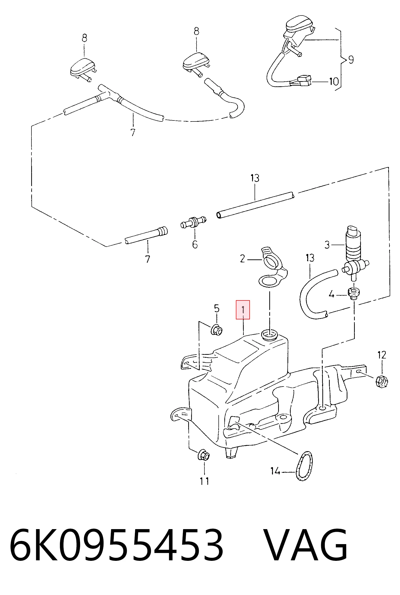 Tanque de fluido para lavador de vidro para Volkswagen Caddy II 9K9