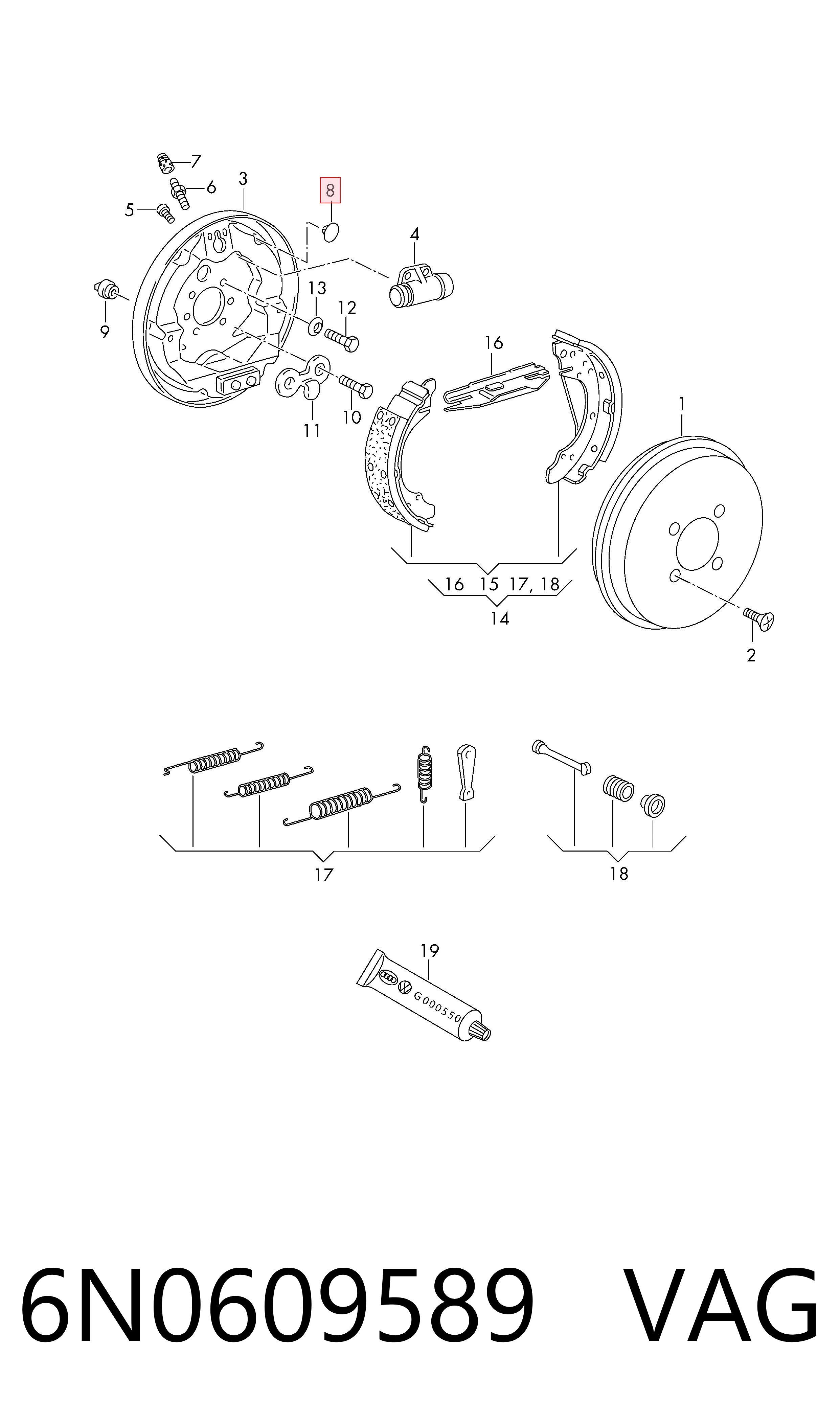 Kit de montagem das sapatas traseiras de tambor VAG 6N0609589 preço, a partir de 1,68 USD