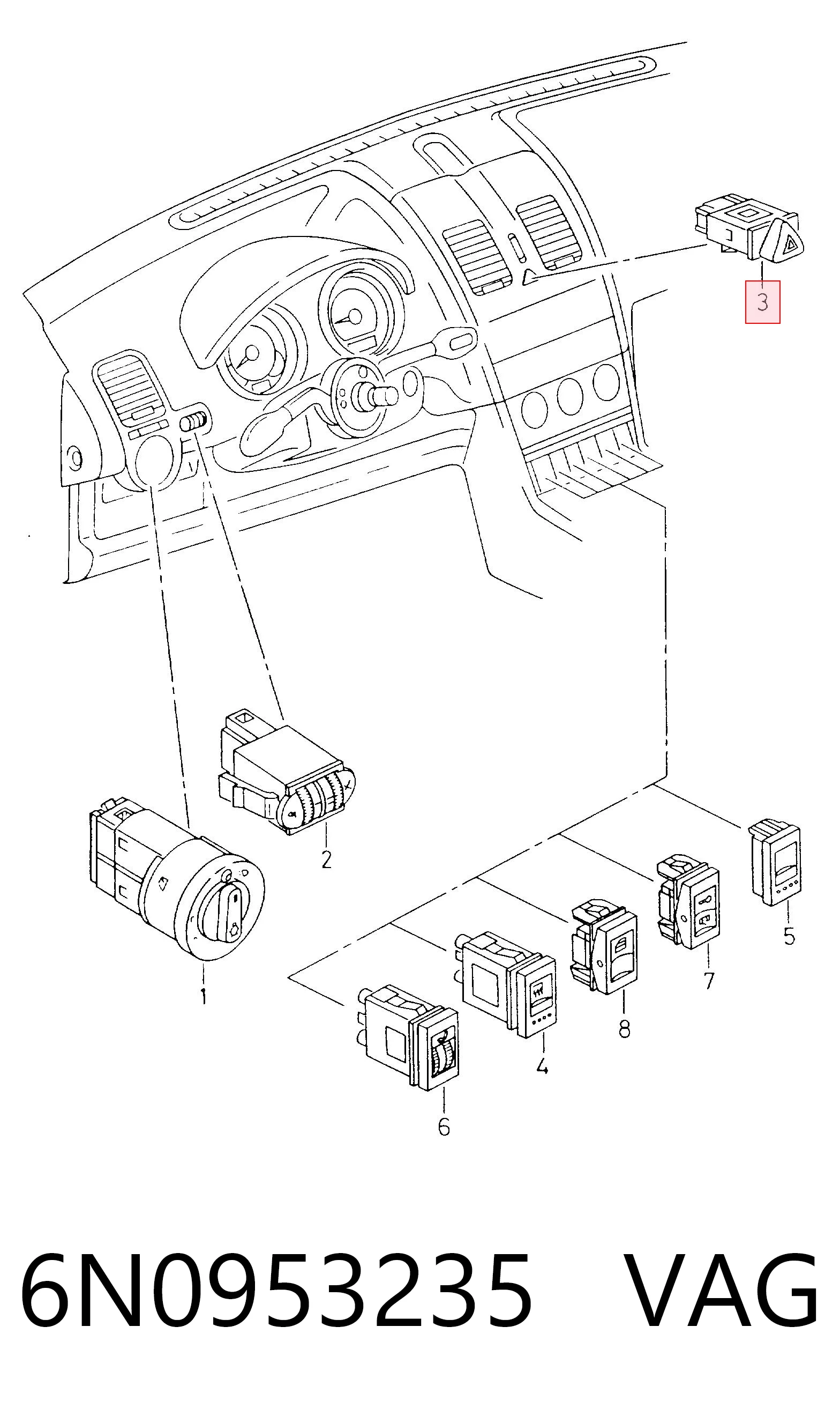 Botão de ativação do sinal de emergência Volkswagen Polo IV 9A4