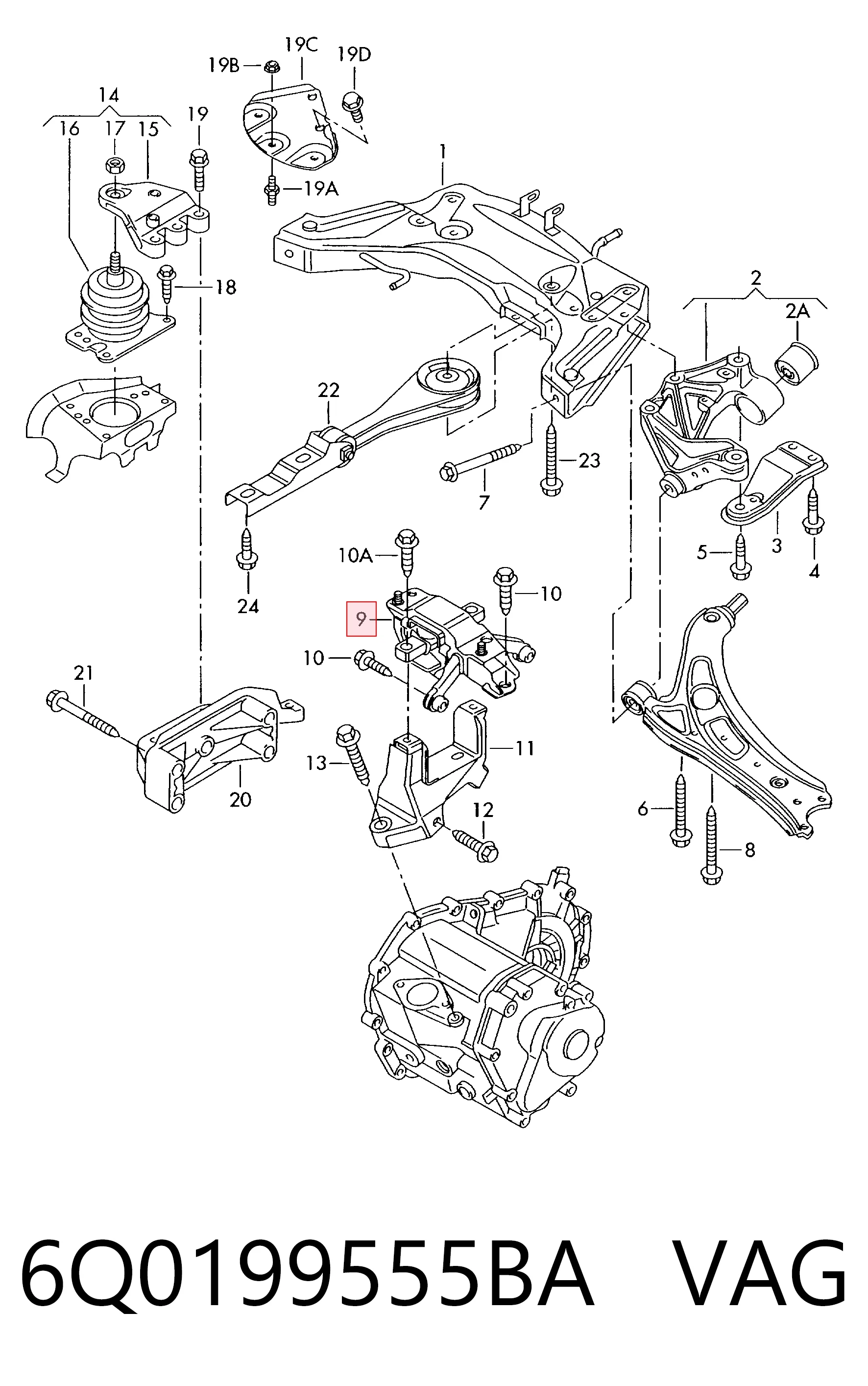 6Q0199555BA VAG Coxim (suporte) esquerdo traseiro de motor