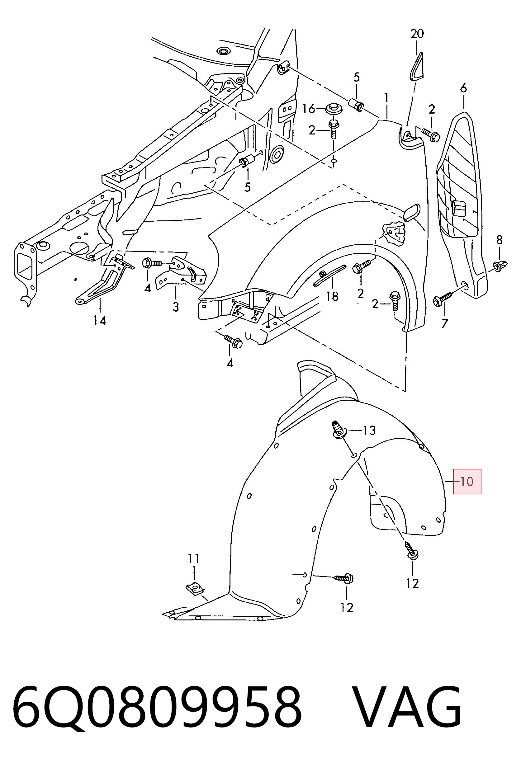  Guarda-barras direito do pára-lama dianteiro Volkswagen Polo IV hatchback (9N, 9A) (2001 - 2014) IV