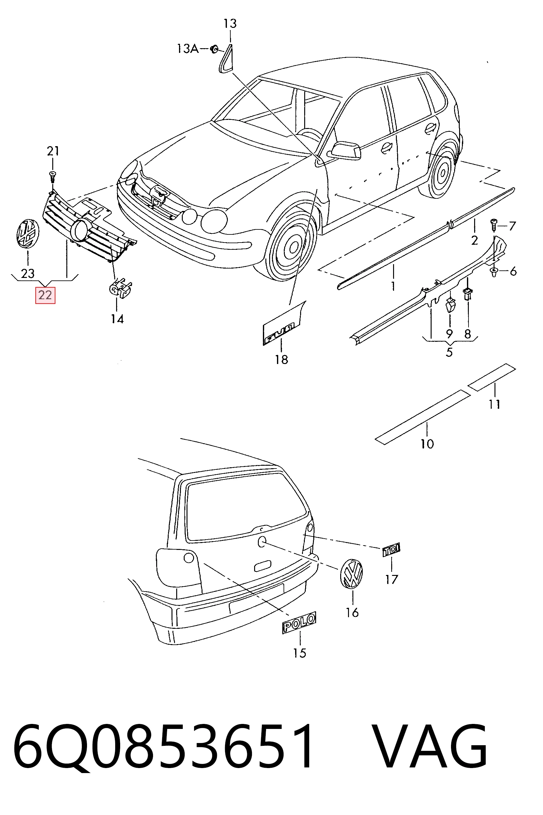 Grelha do radiador para Volkswagen Polo IV 9A4