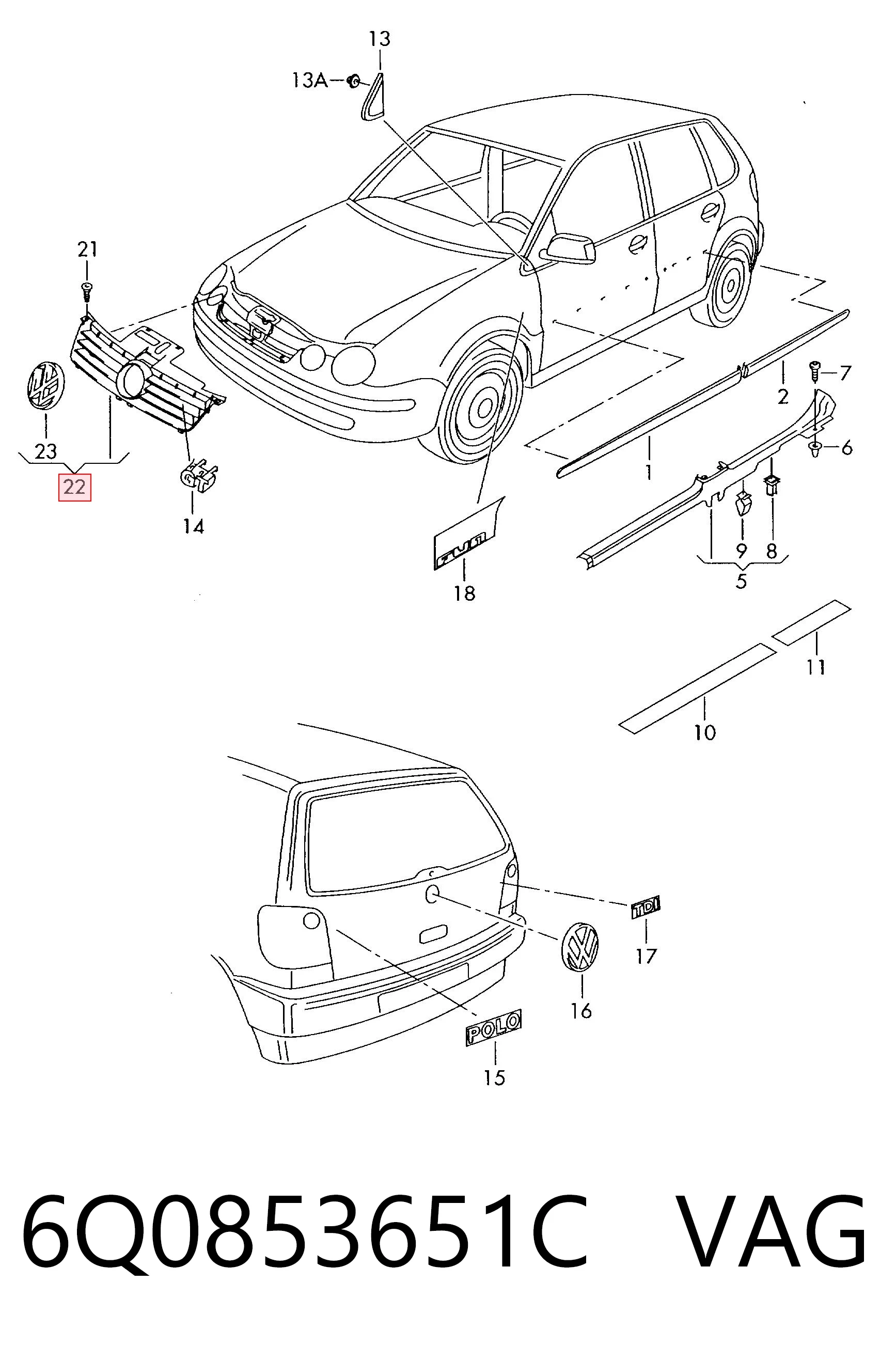  Grelha do radiador Volkswagen Polo IV sedan (9A4) (2002 - 2009) IV