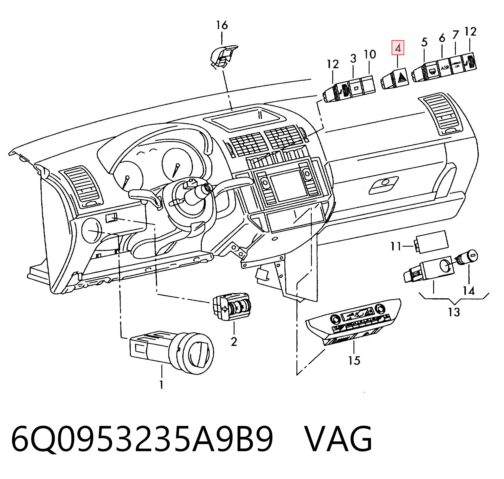 Botão de ativação do sinal de emergência para Volkswagen Polo IV 9N, 9A