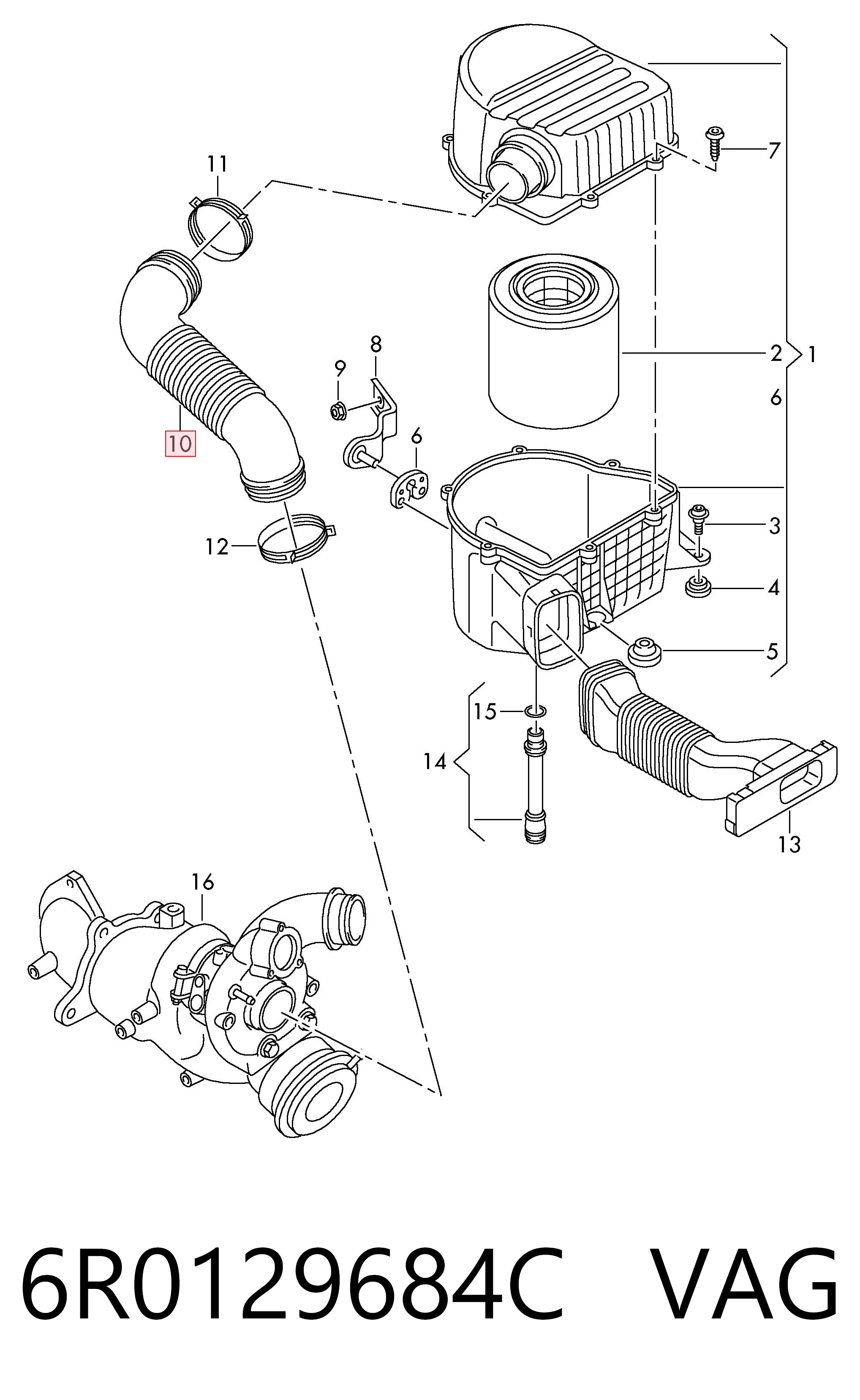 6R0129684C VAG Cano derivado de ar, saída de filtro de ar
