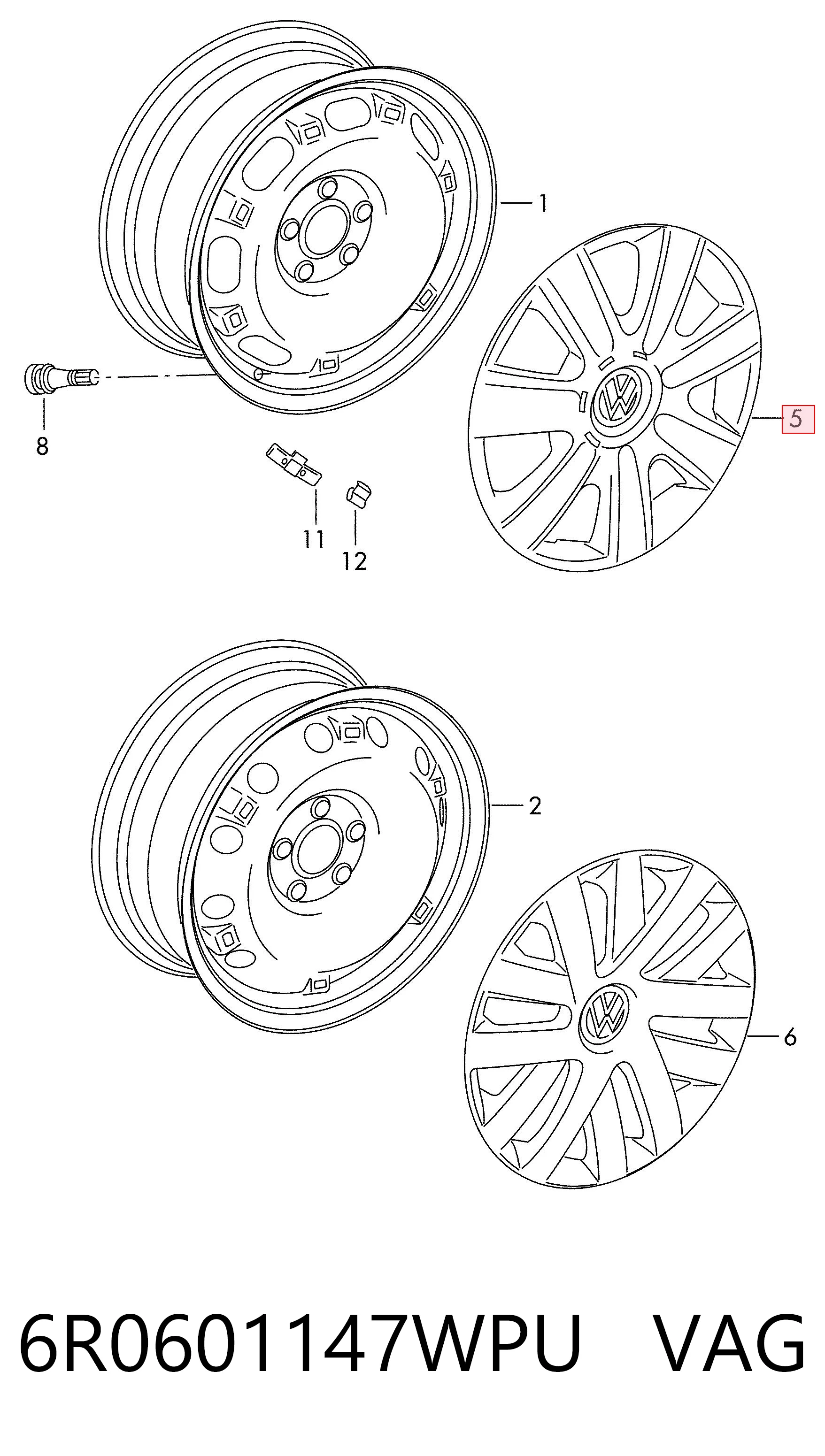 Coberta de disco de roda 6R0601147WPU VAG