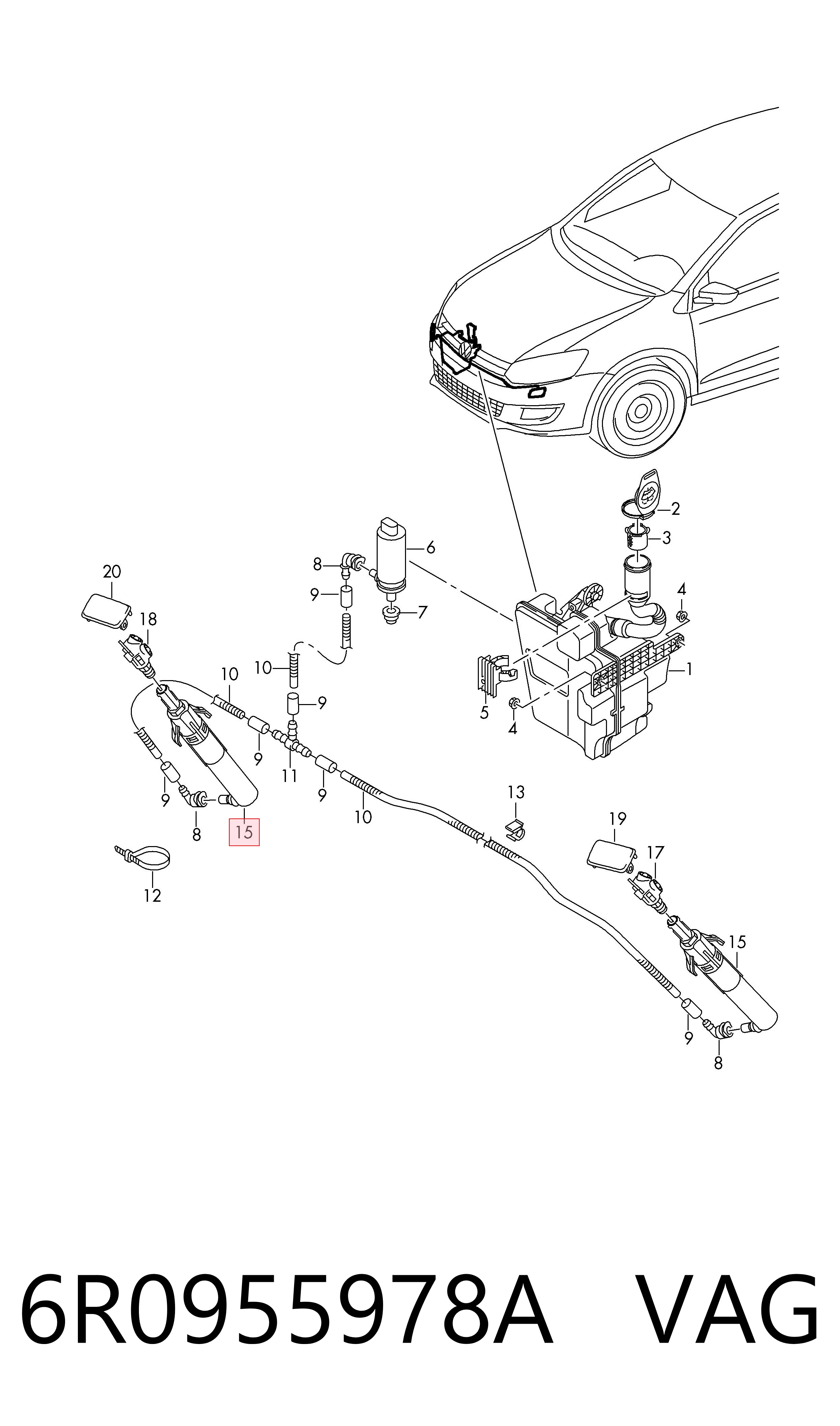 6R0955978A VAG Suporte do injetor de fluido para lavador das luzes (cilindro de elevação)