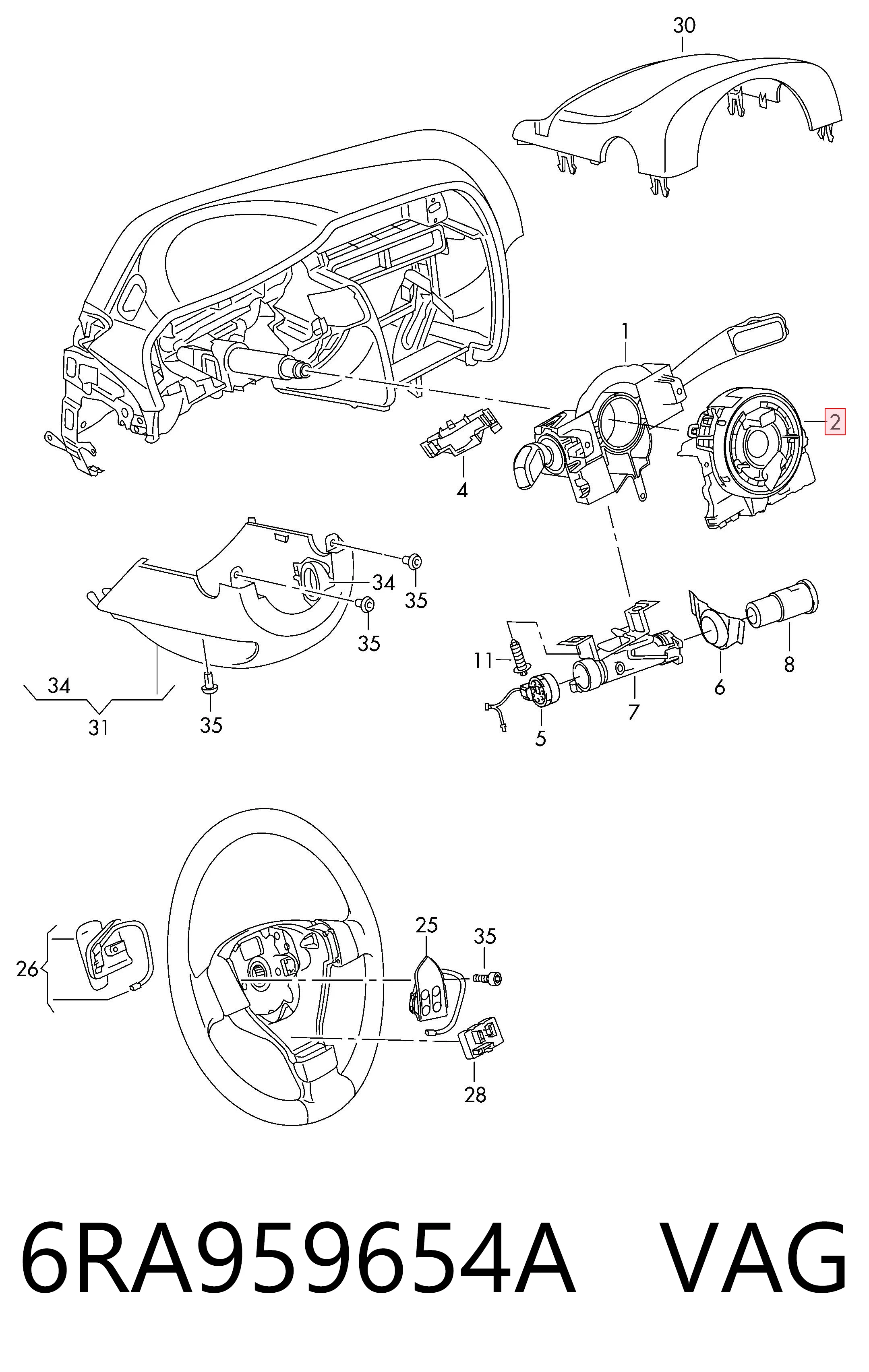6RA959654A VAG Anel AIRBAG de contato, cabo plano do volante