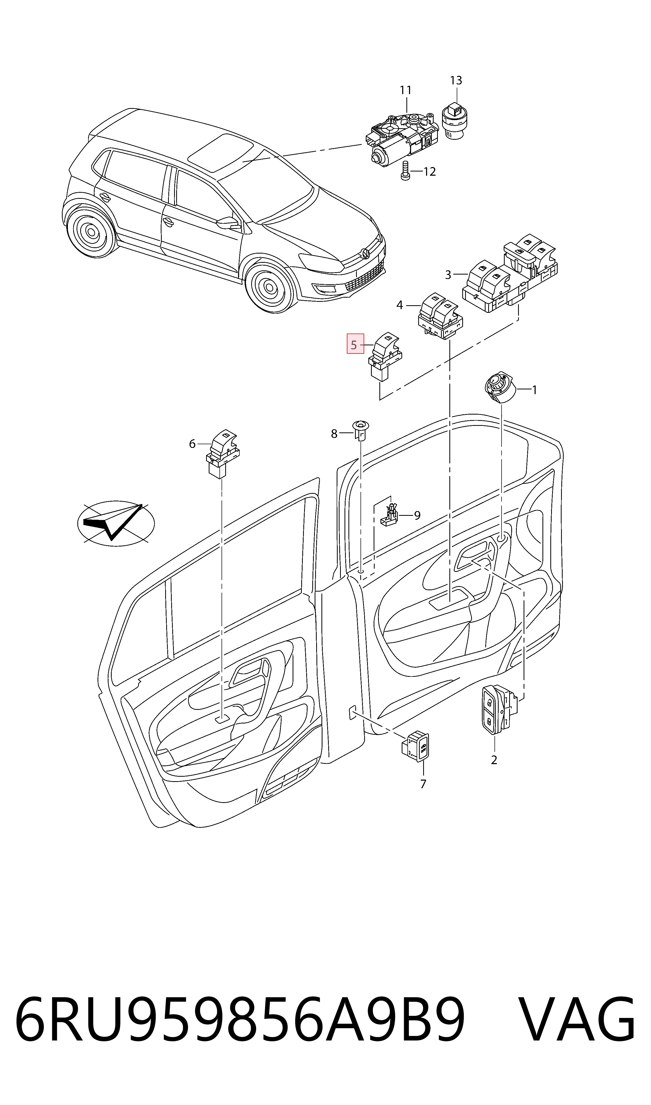Compre 6RU959856A9B9 VAG Botão dianteiro direito de ativação de motor de acionamento de vidro