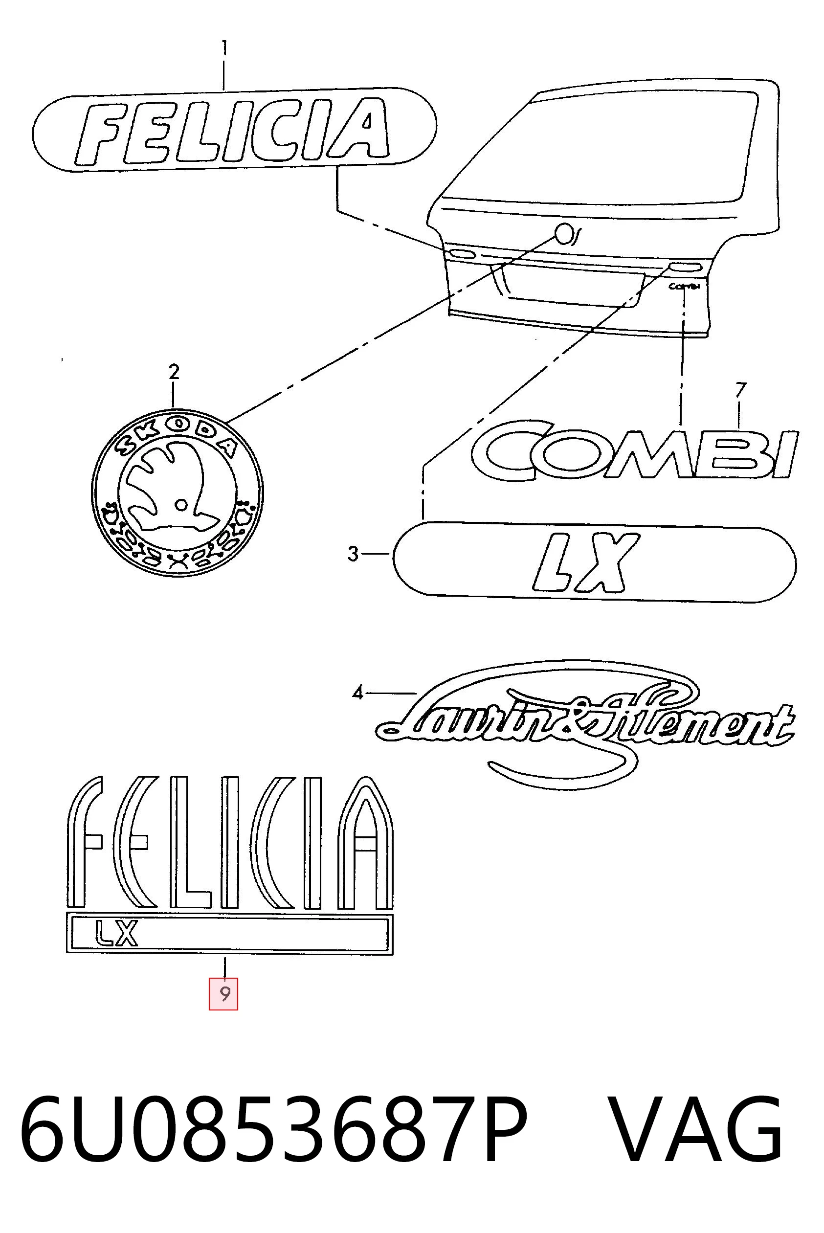 Emblema de tampa de porta-malas (emblema de firma) Skoda Felicia I 791, 6U1 ao melhor preço