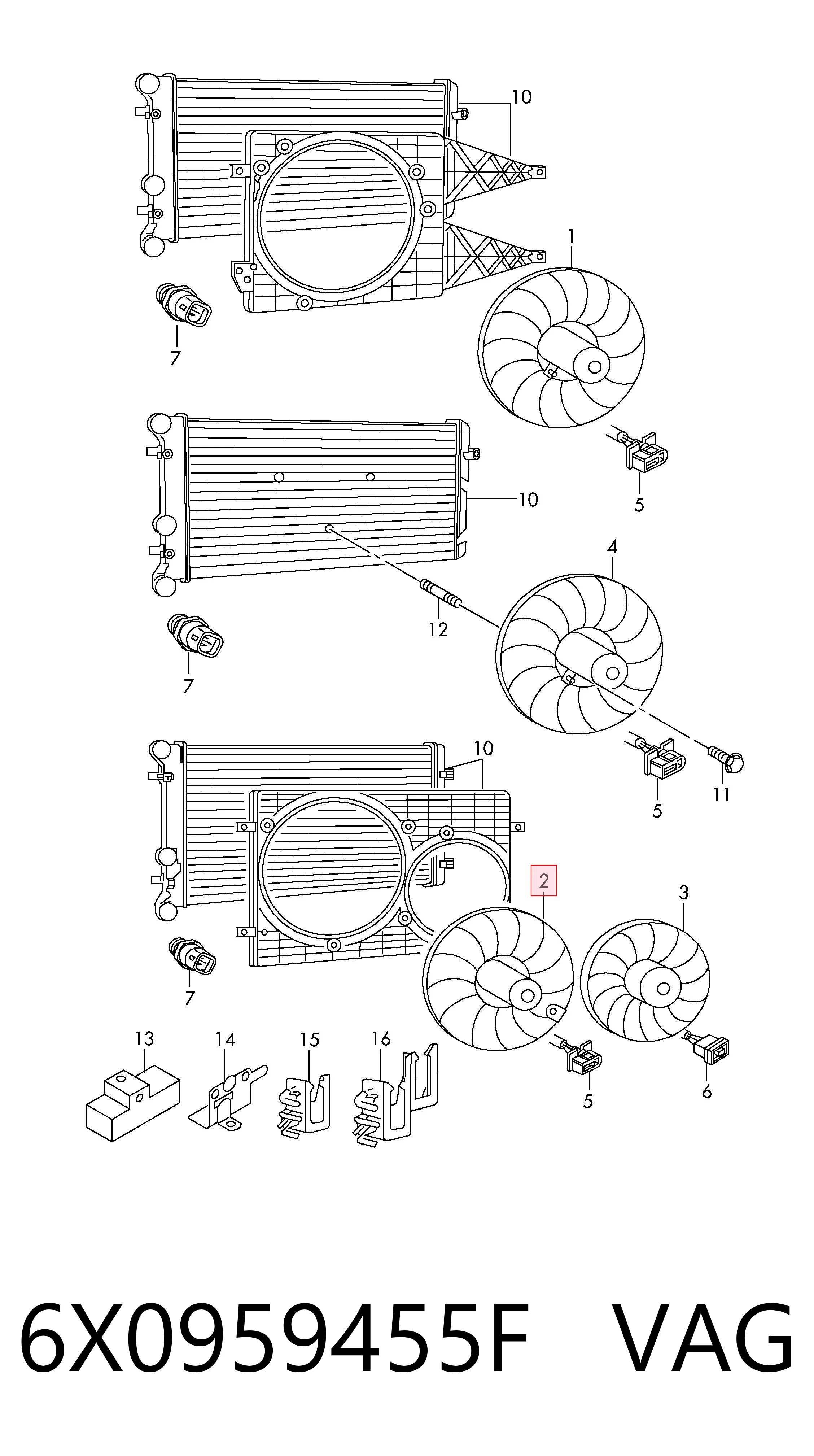 6X0959455F VAG Ventilador elétrico de esfriamento montado (motor + roda de aletas)