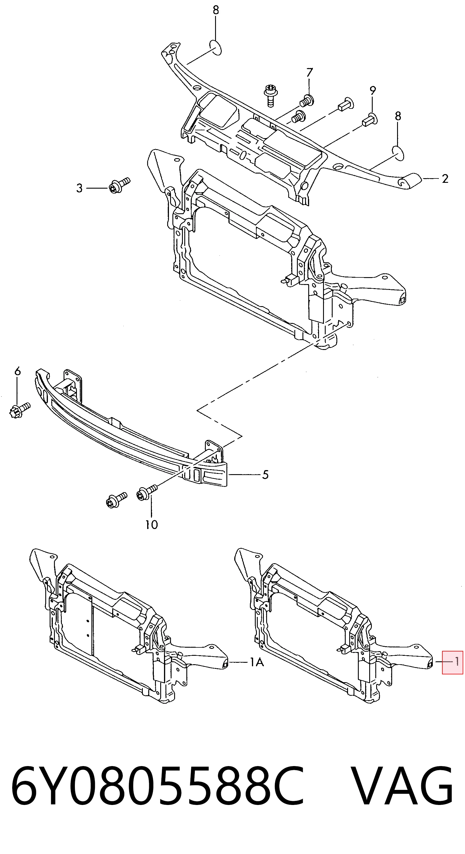Suporte do radiador montado (painel de montagem de fixação das luzes) para Skoda Fabia 6Y3