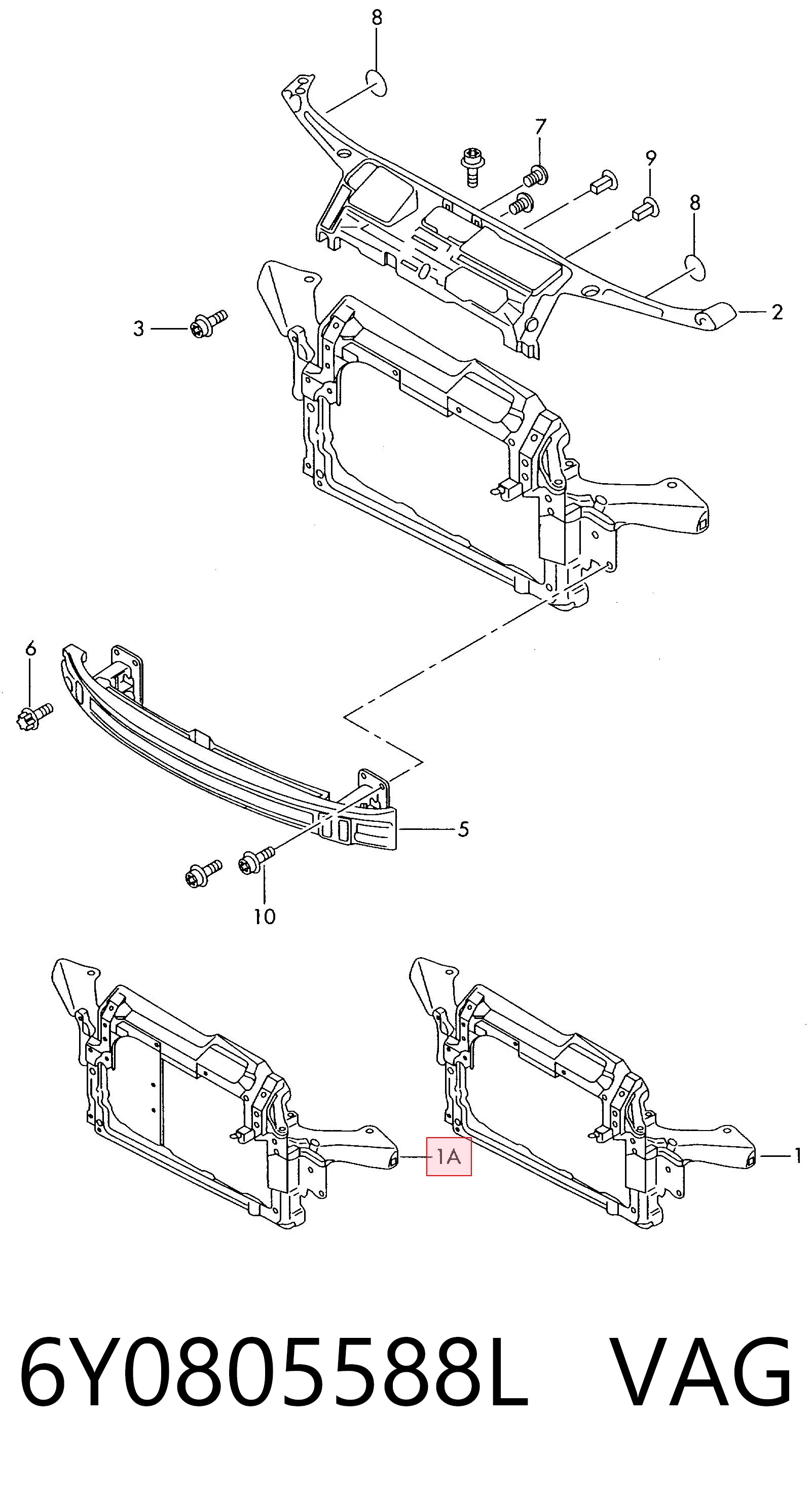 6Y0805588L VAG Suporte do radiador montado (painel de montagem de fixação das luzes)