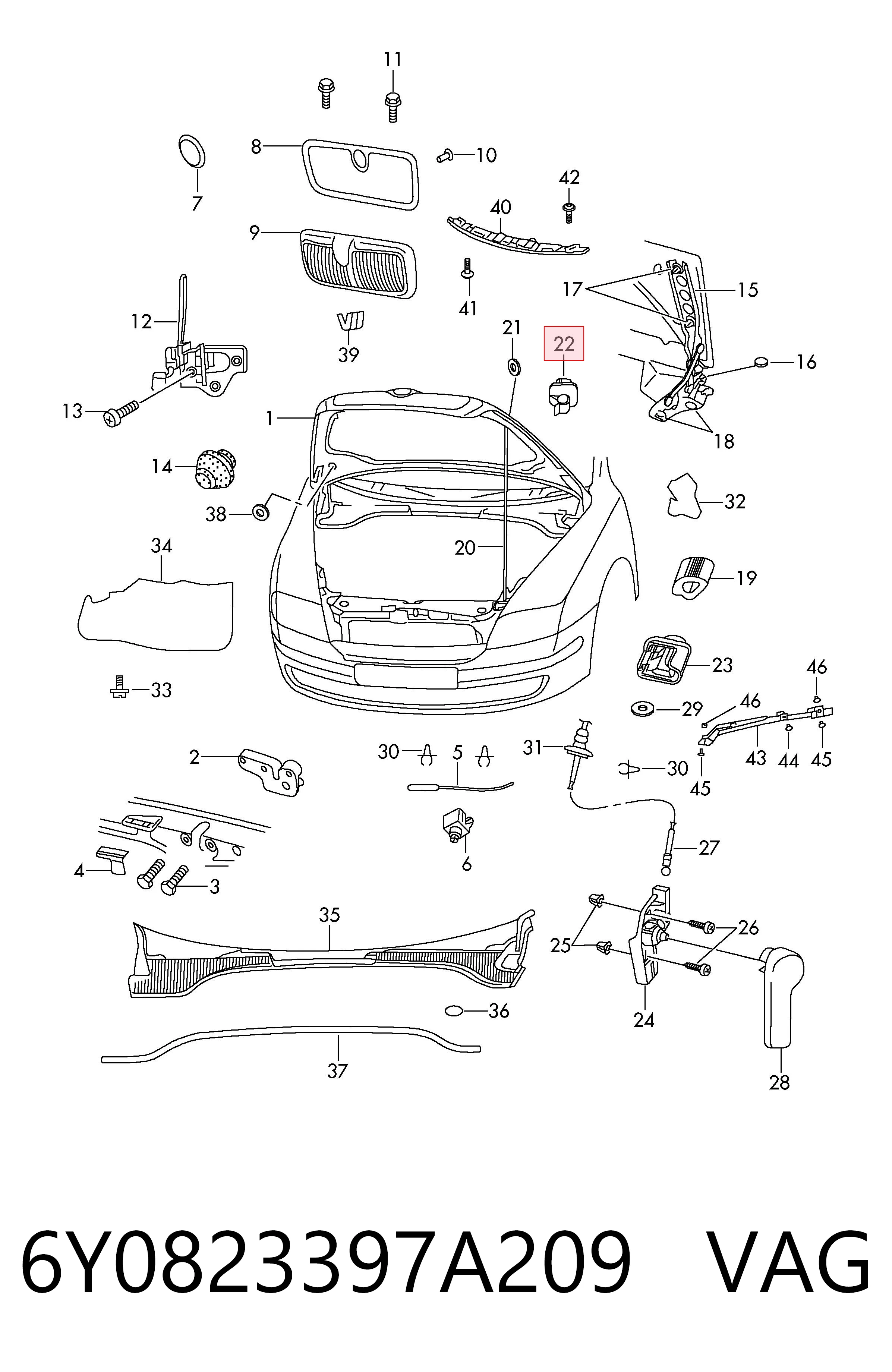 6Y0823397A209 VAG Fixador de suporte da capota