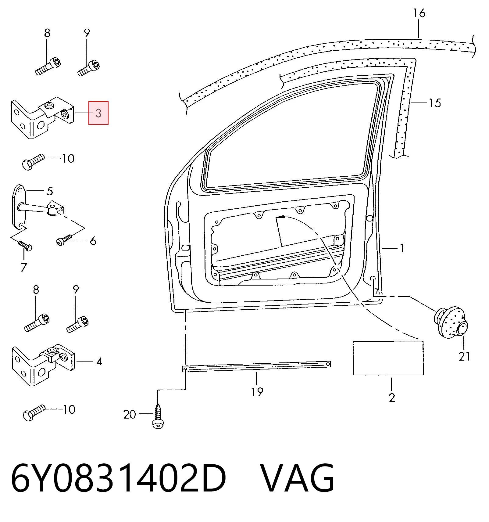 6Y0831402D VAG Gozno da porta dianteira direita