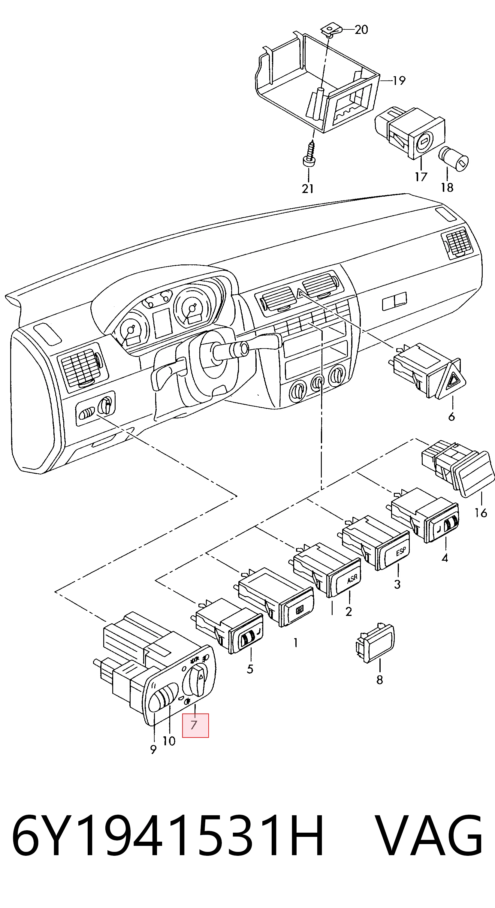6Y1941531H VAG Comutador das luzes no "painel de instrumentos"