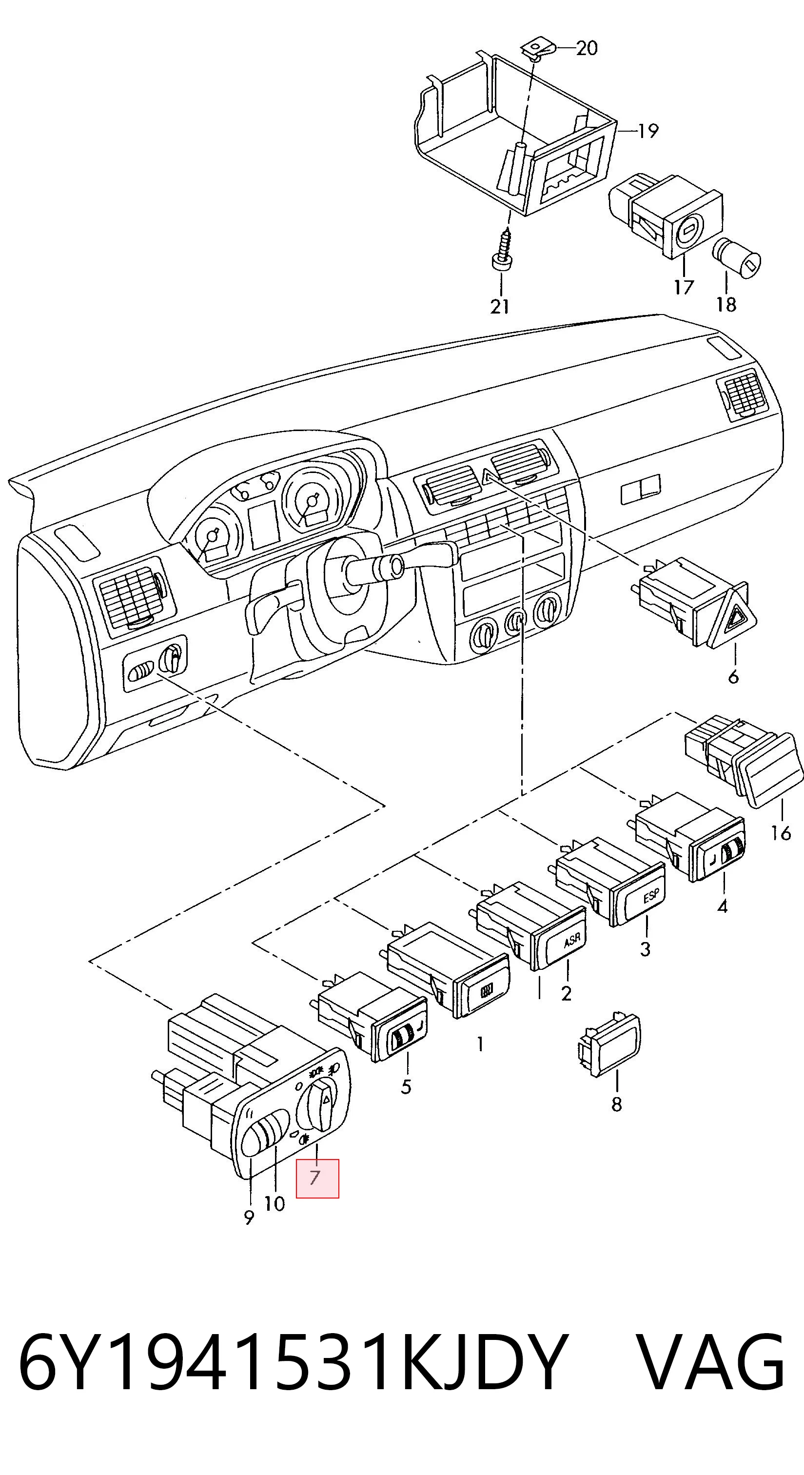6Y1941531KJDY VAG Comutador das luzes no "painel de instrumentos"