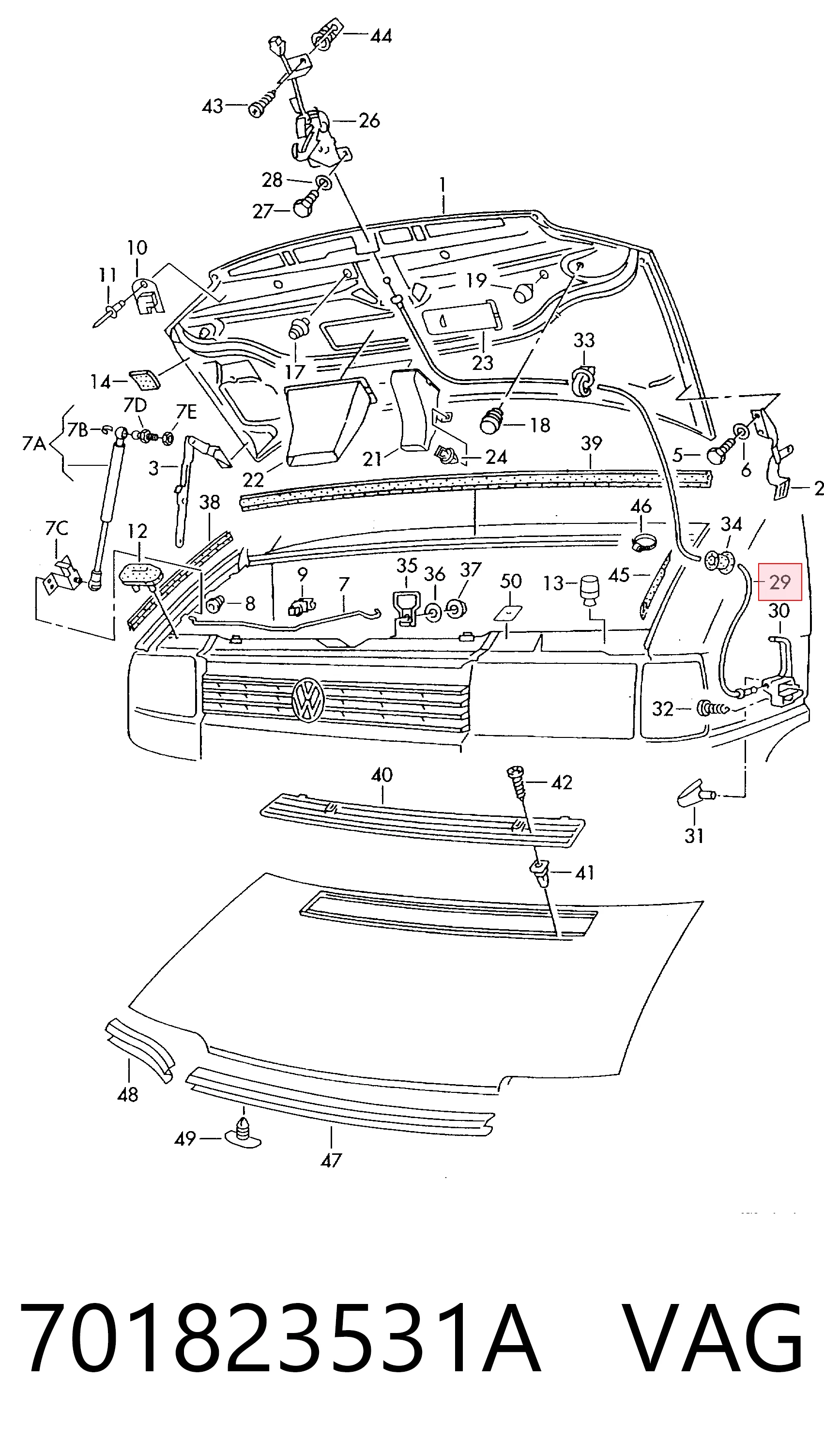 Cabo de abertura da capota para Volkswagen Transporter 70A, 70H, 7DA, 7DH