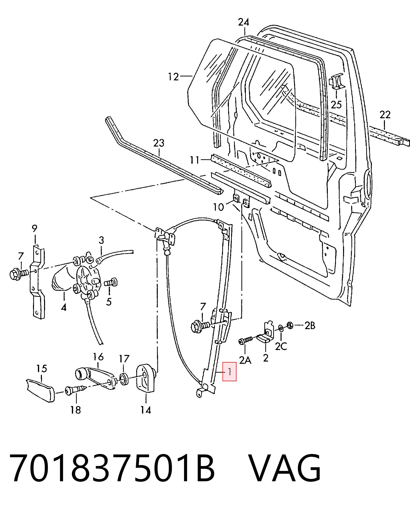 Mecanismo de acionamento de vidro da porta dianteira esquerda Volkswagen Transporter T4 70B, 70C, 7DB, 7DK, 70J, 70K, 7DC, 7DJ