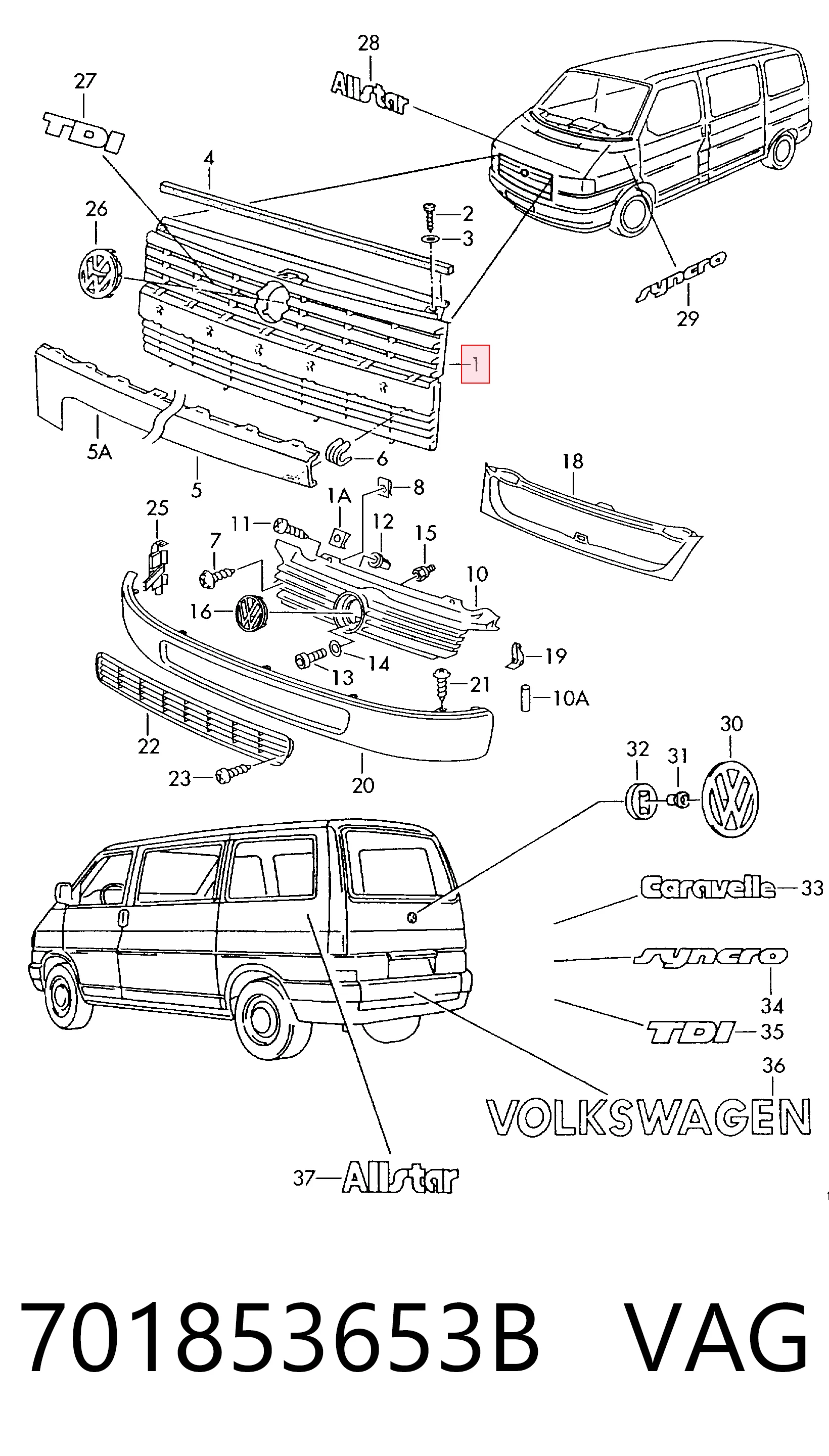 Grelha do radiador Volkswagen Transporter T4 70A, 70H, 7DA, 7DH
