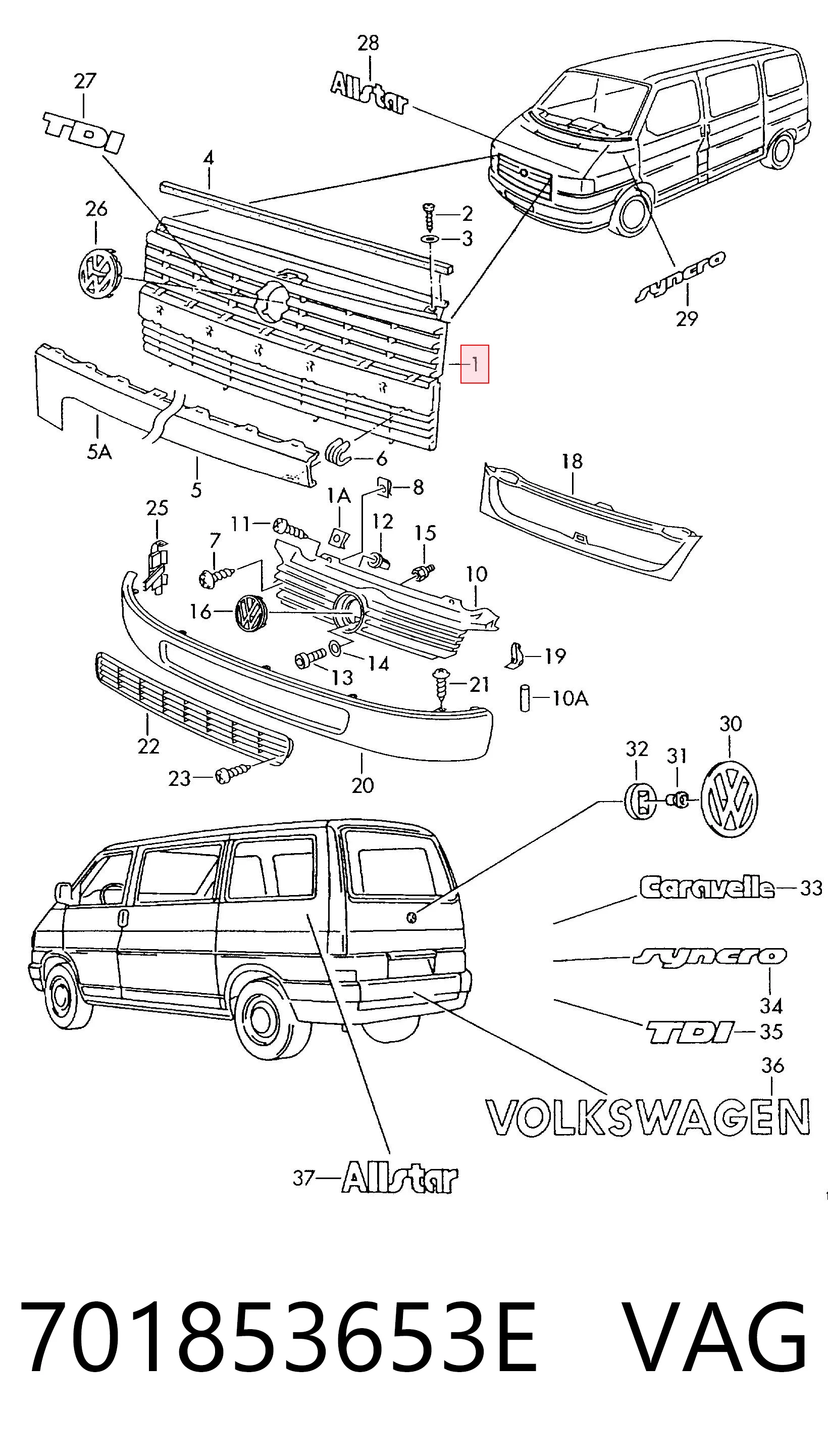  Grelha do radiador Volkswagen Transporter T4 сaixa (70A, 70H, 7DA, 7DH) (1990 - 2003) T4