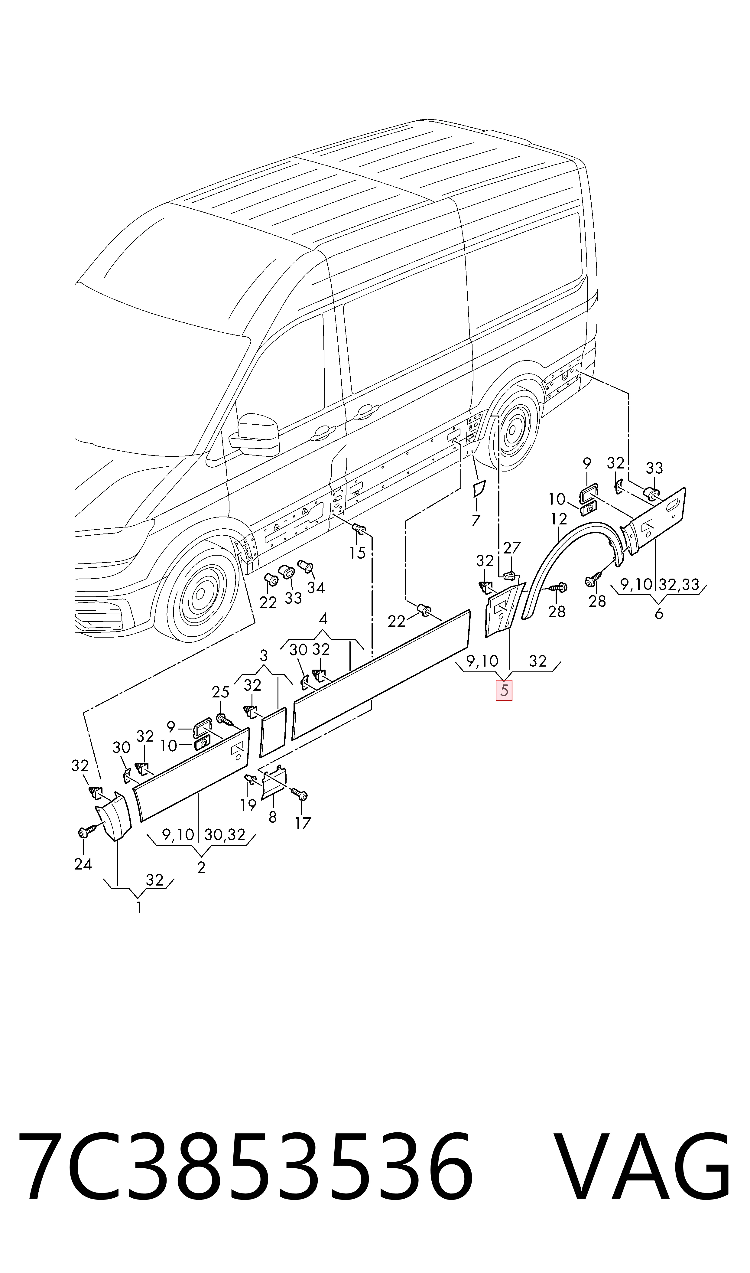 7C3853536 VAG Moldura do pára-lama traseiro direito