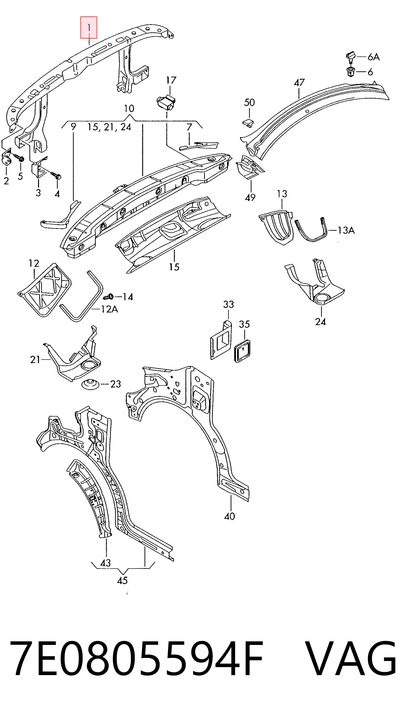  Suporte do radiador montado (painel de montagem de fixação das luzes) Volkswagen Multivan T5 monovolume (7HM, 7HN, 7HF, 7EF, 7EM, 7EN) (2003 - 2016) T5