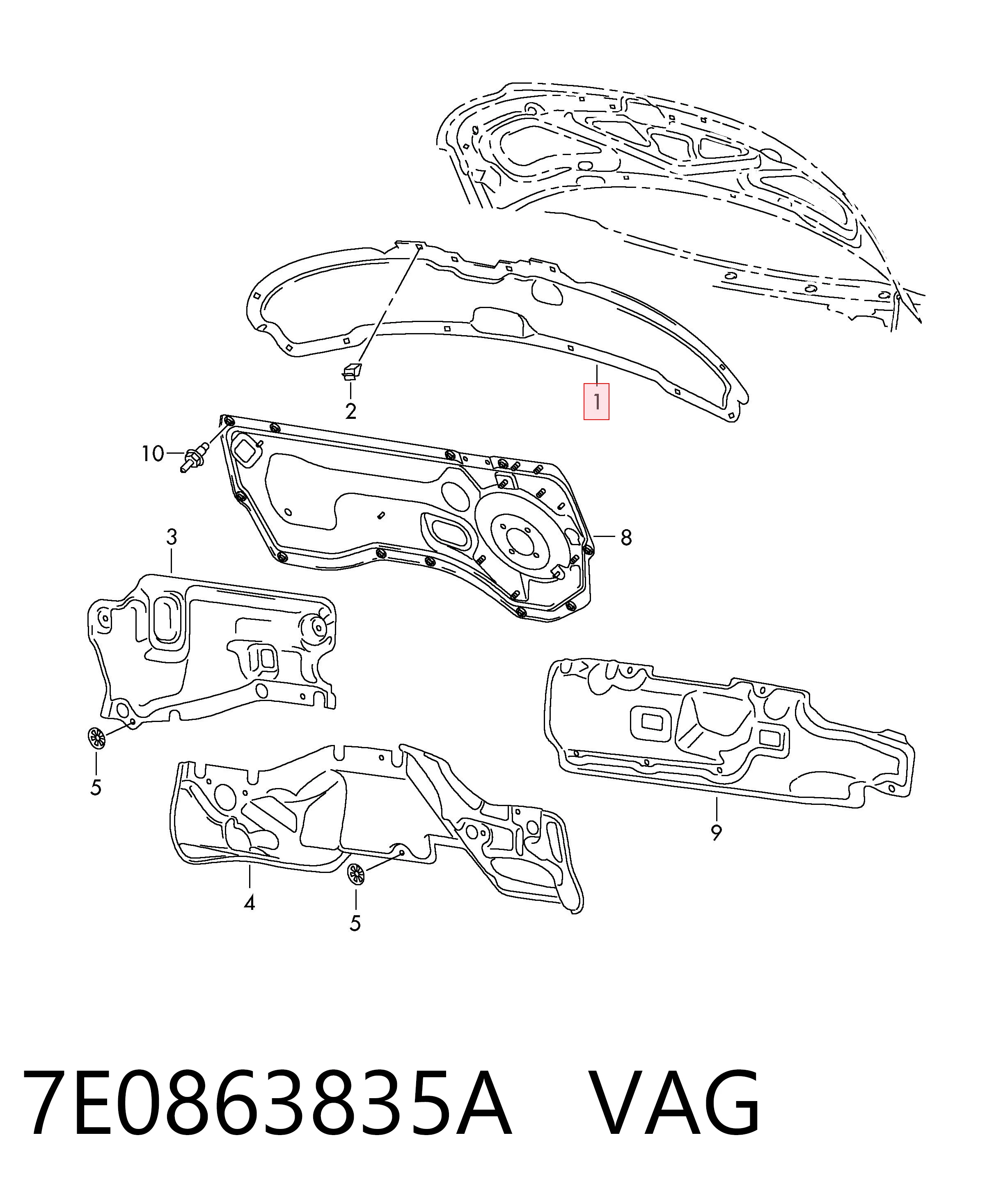7E0863835A VAG Isolamento de ruído da capota