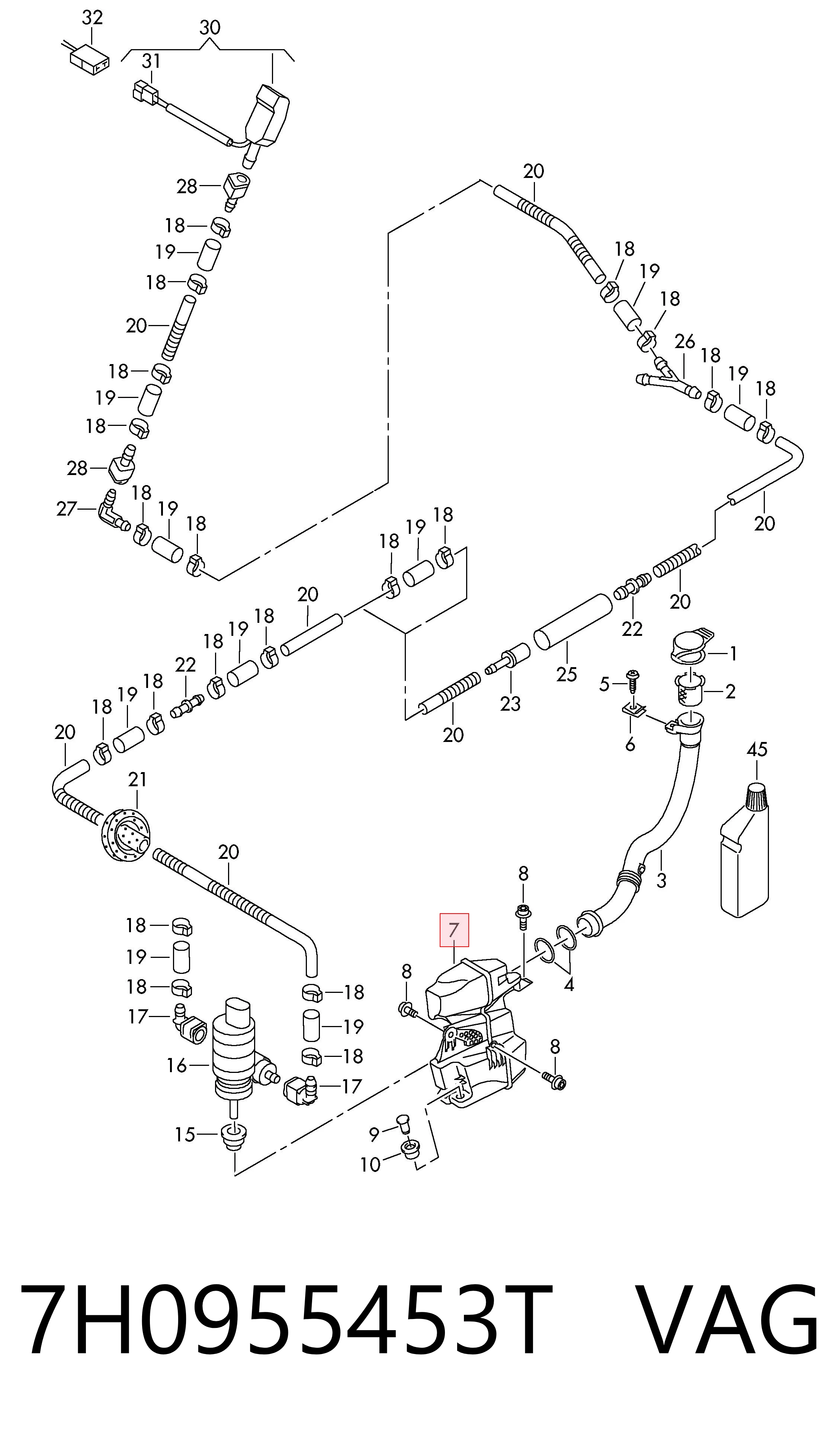 Tanque de fluido para lavador de vidro Volkswagen Transporter T5 7HB, 7HJ, 7EB, 7EJ