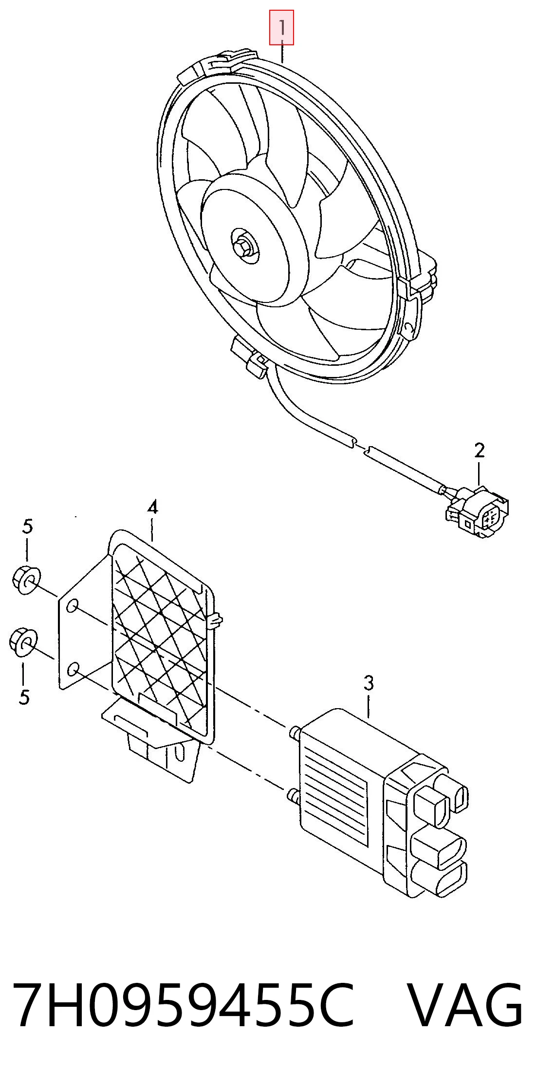 7H0959455C VAG Ventilador elétrico de esfriamento montado (motor + roda de aletas)