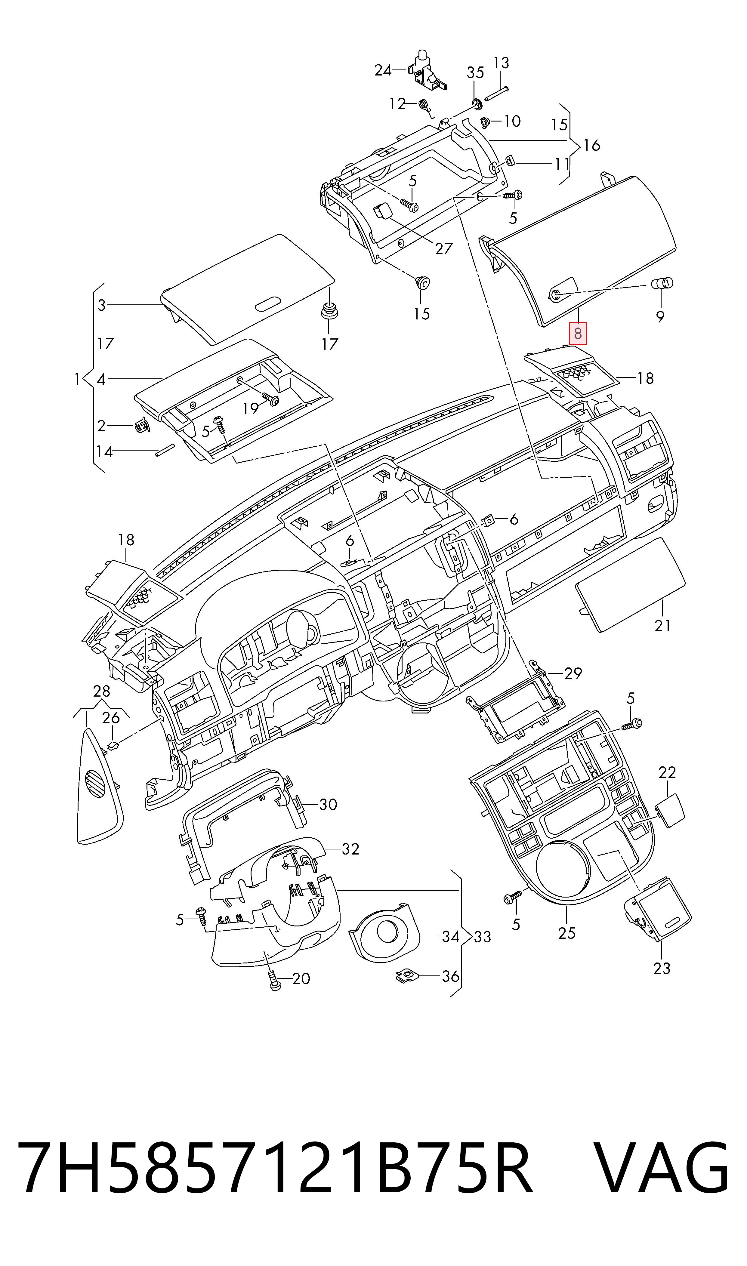 Tampa da caixa para luvas (porta-luvas) Volkswagen Multivan  7HM, 7HN, 7HF, 7EF, 7EM, 7EN ao melhor preço