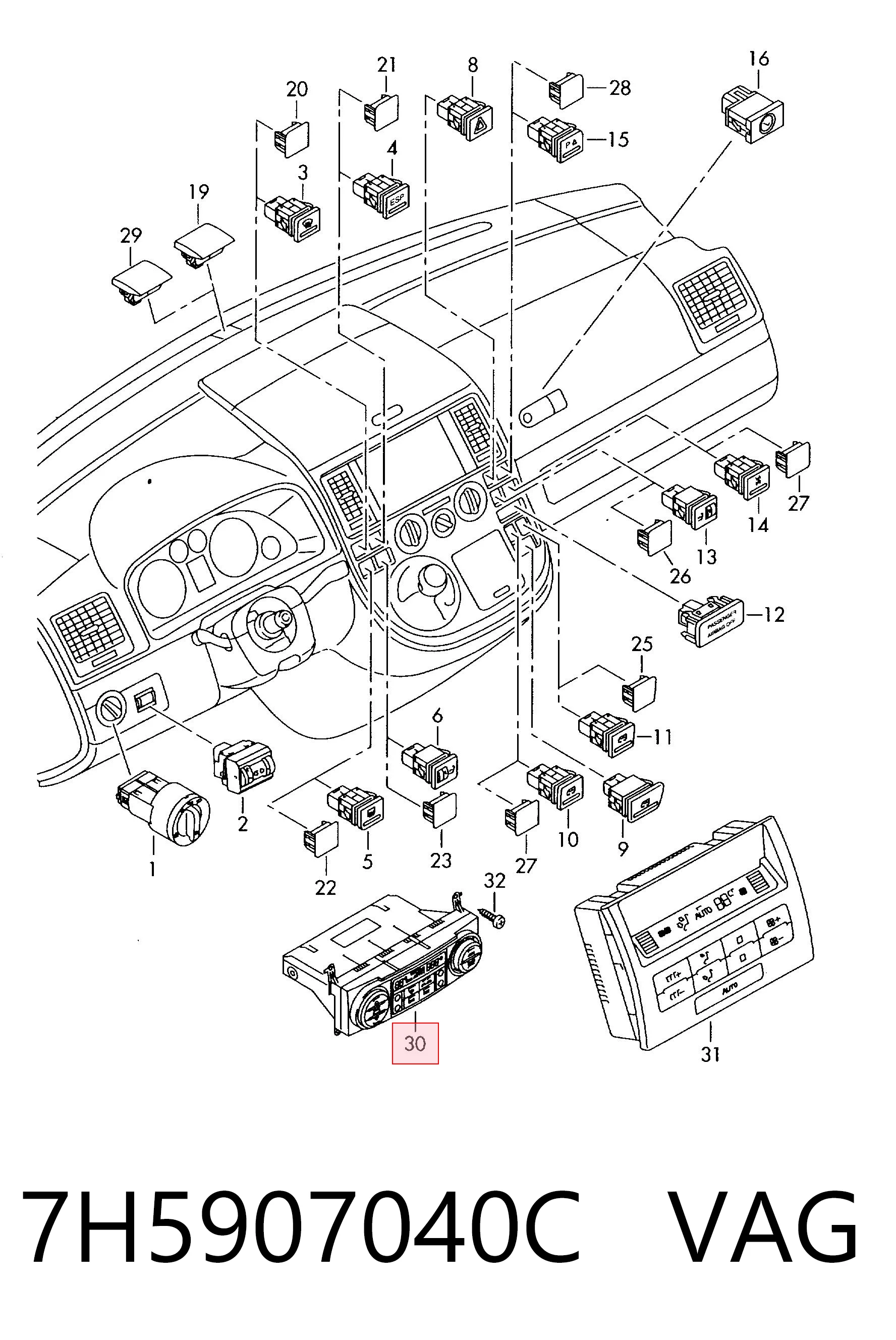 Unidade de controlo dos modos de aquecimento/condicionamento Volkswagen Multivan T5 7HM, 7HN, 7HF, 7EF, 7EM, 7EN