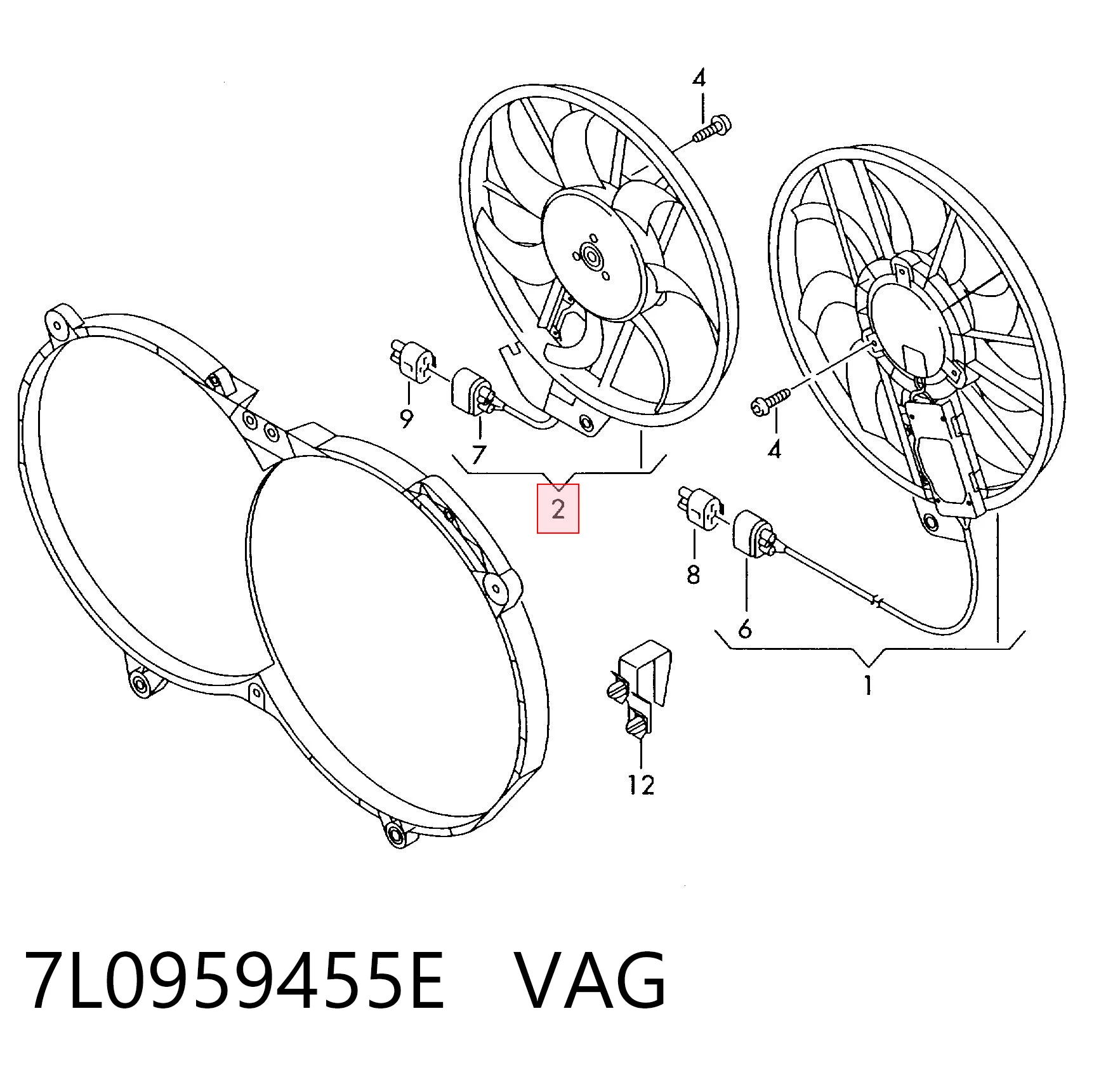 7L0959455E VAG Ventilador elétrico de esfriamento montado (motor + roda de aletas) direito