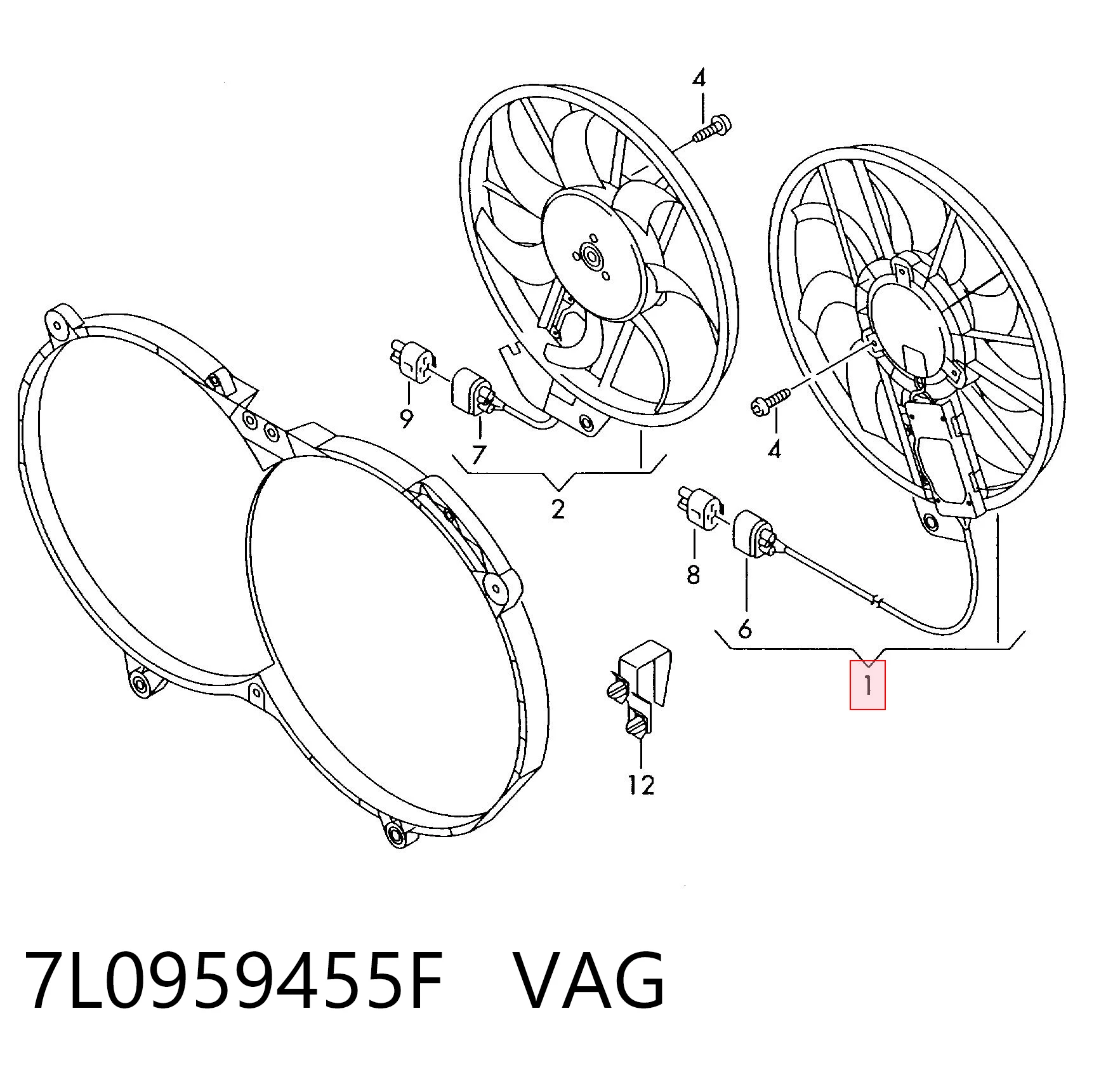 7L0959455F VAG Ventilador elétrico de esfriamento montado (motor + roda de aletas) esquerdo