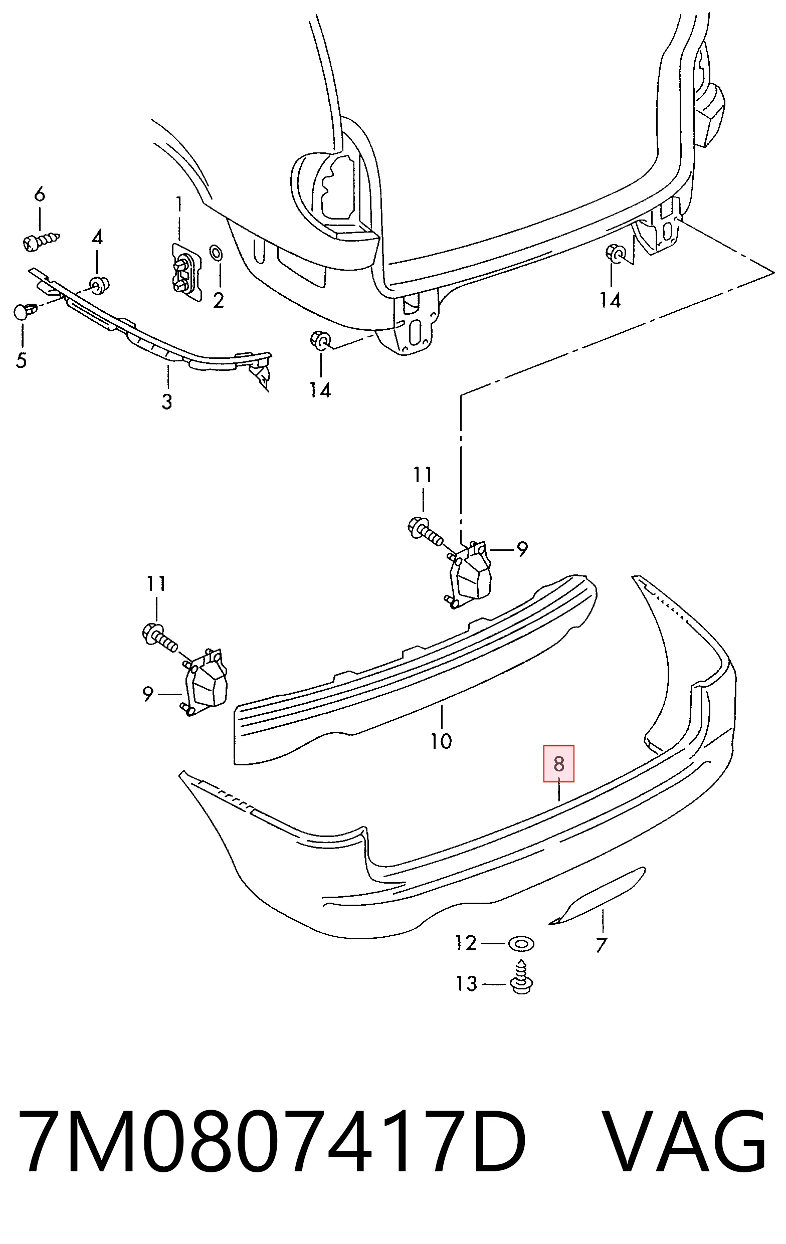 Pára-choque traseiro para Volkswagen Sharan I 7M8, 7M9, 7M6