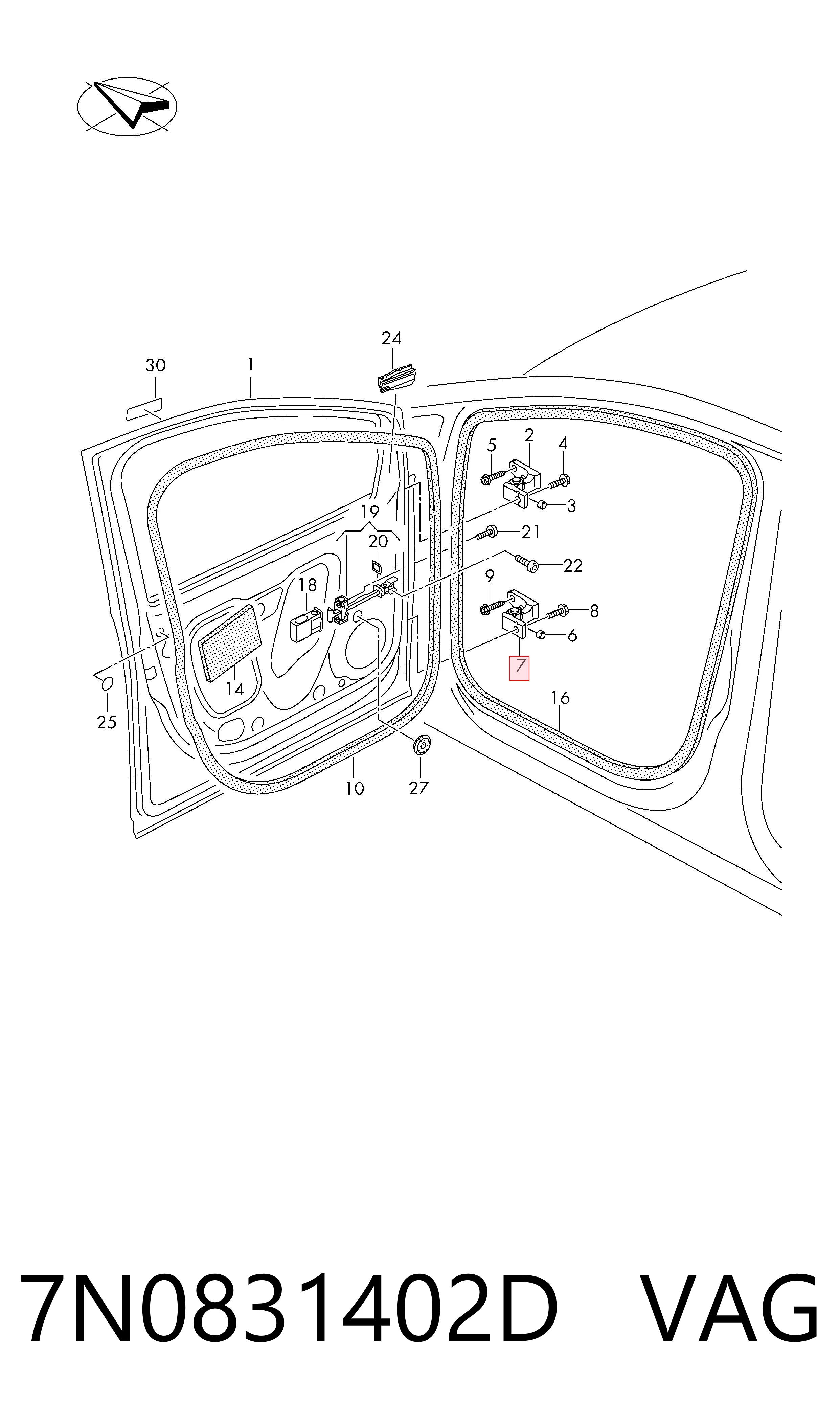 Compre 7N0831402D VAG Gozno da porta dianteira direita