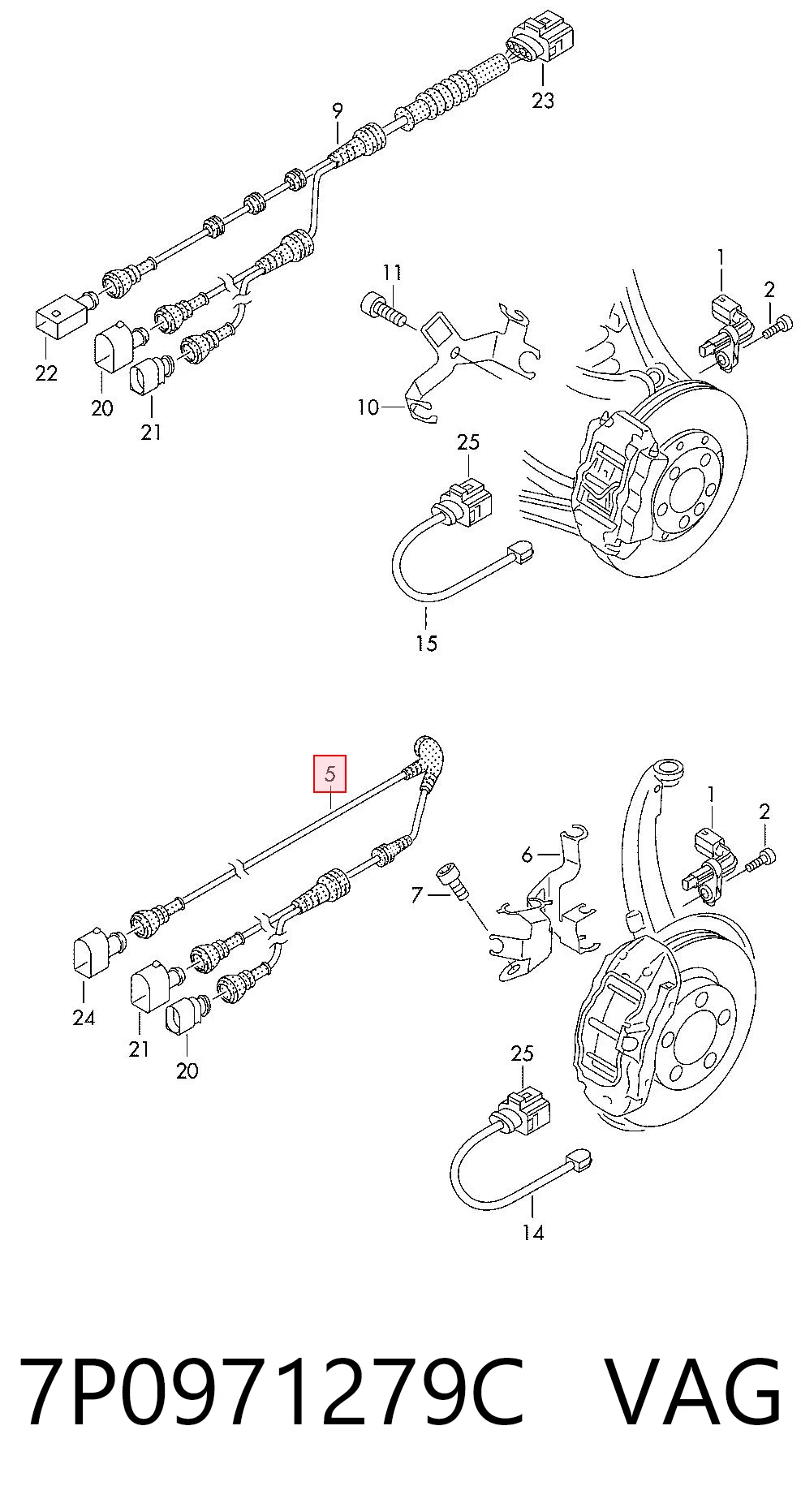 7P0971279C VAG Fio dianteiro de sensor ABS