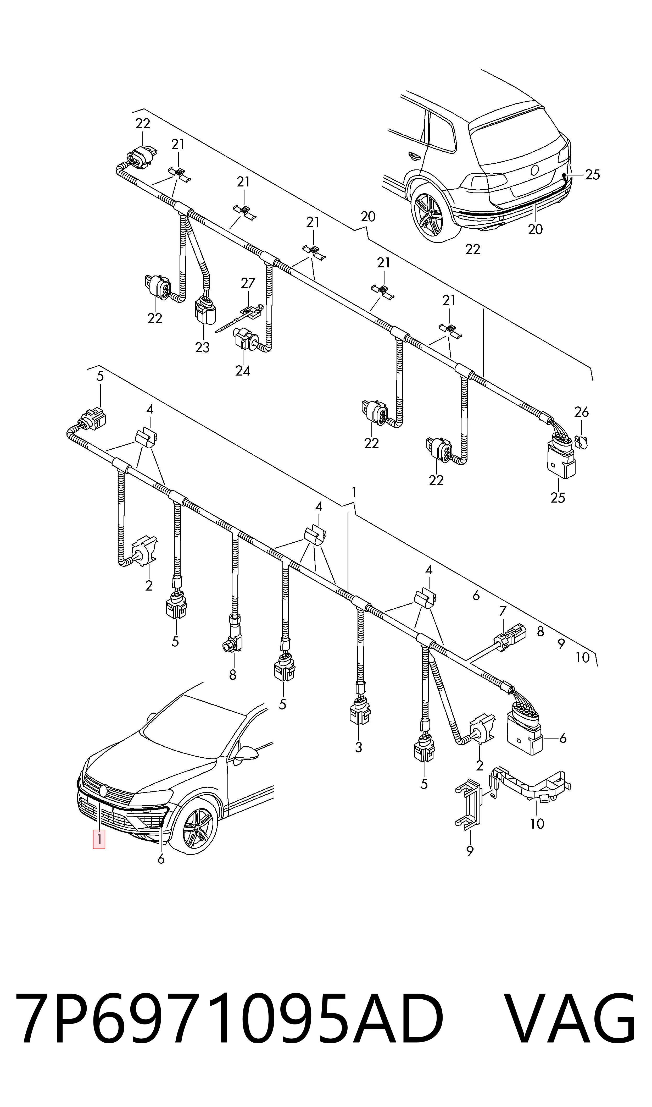 Cabo (fio) de sensor de estacionamento do pára-choque dianteiro VAG 7P6971095AD preço, a partir de 223,94 USD