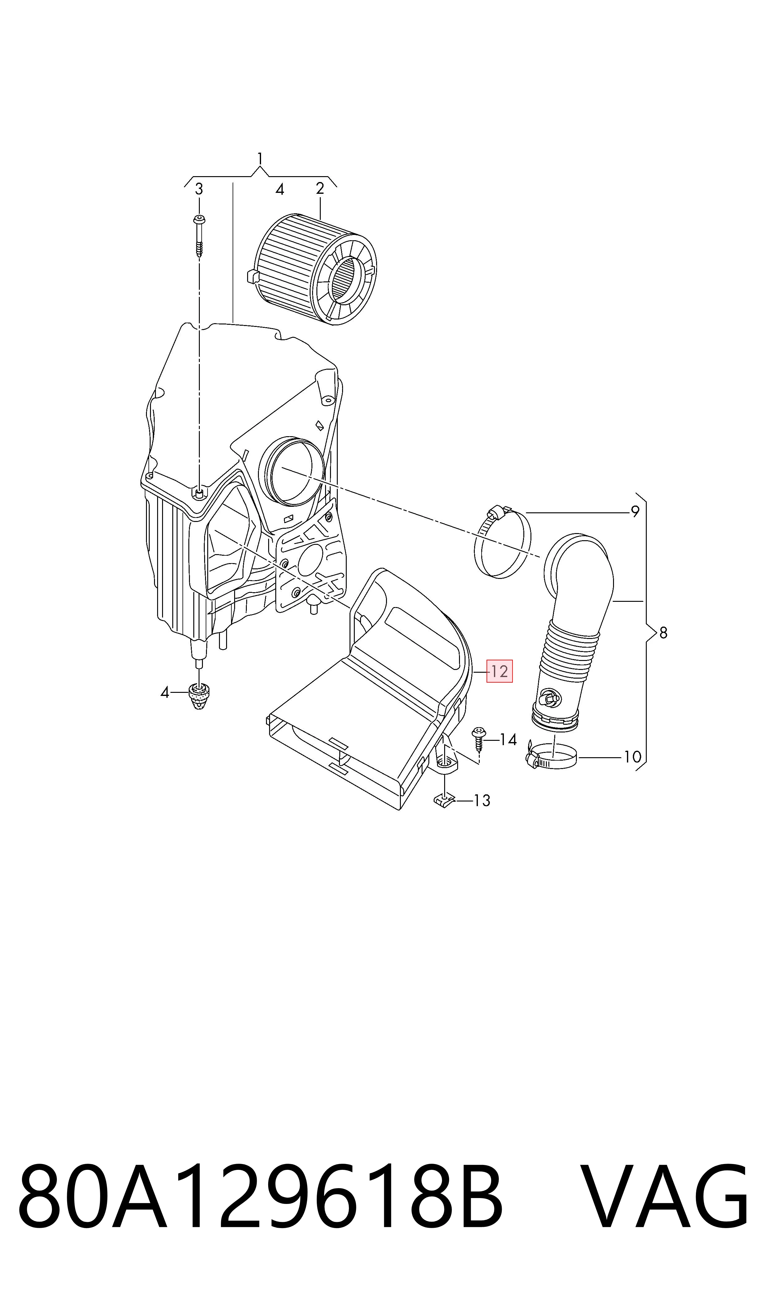 80A129618B VAG Cano derivado de ar, entrada de filtro de ar