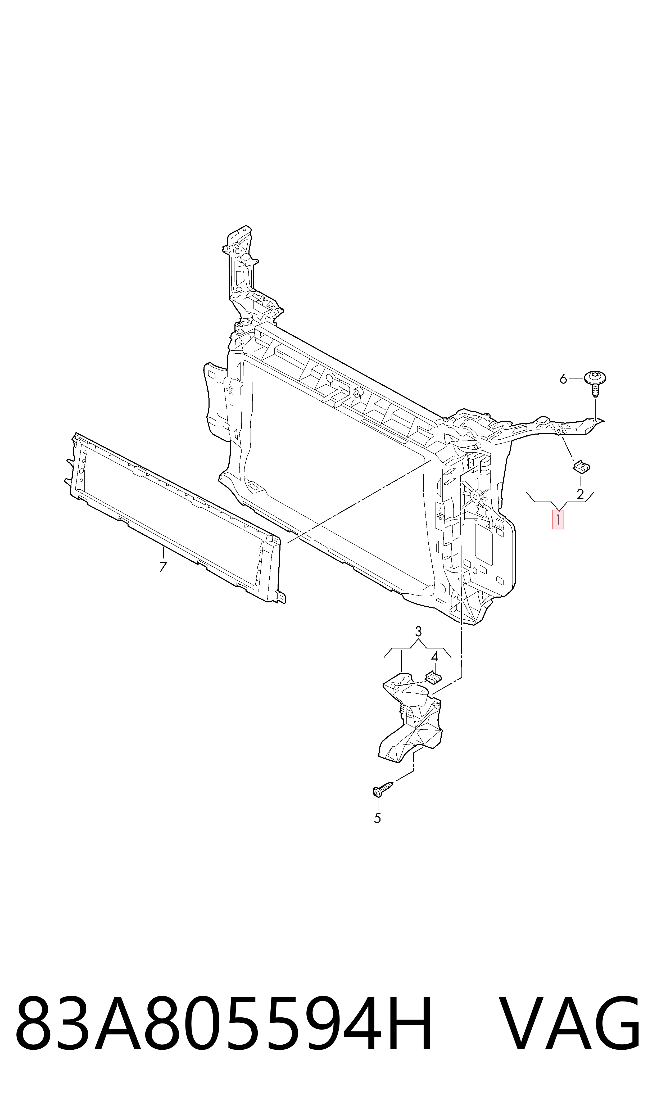 83A805594H VAG Suporte do radiador montado (painel de montagem de fixação das luzes)