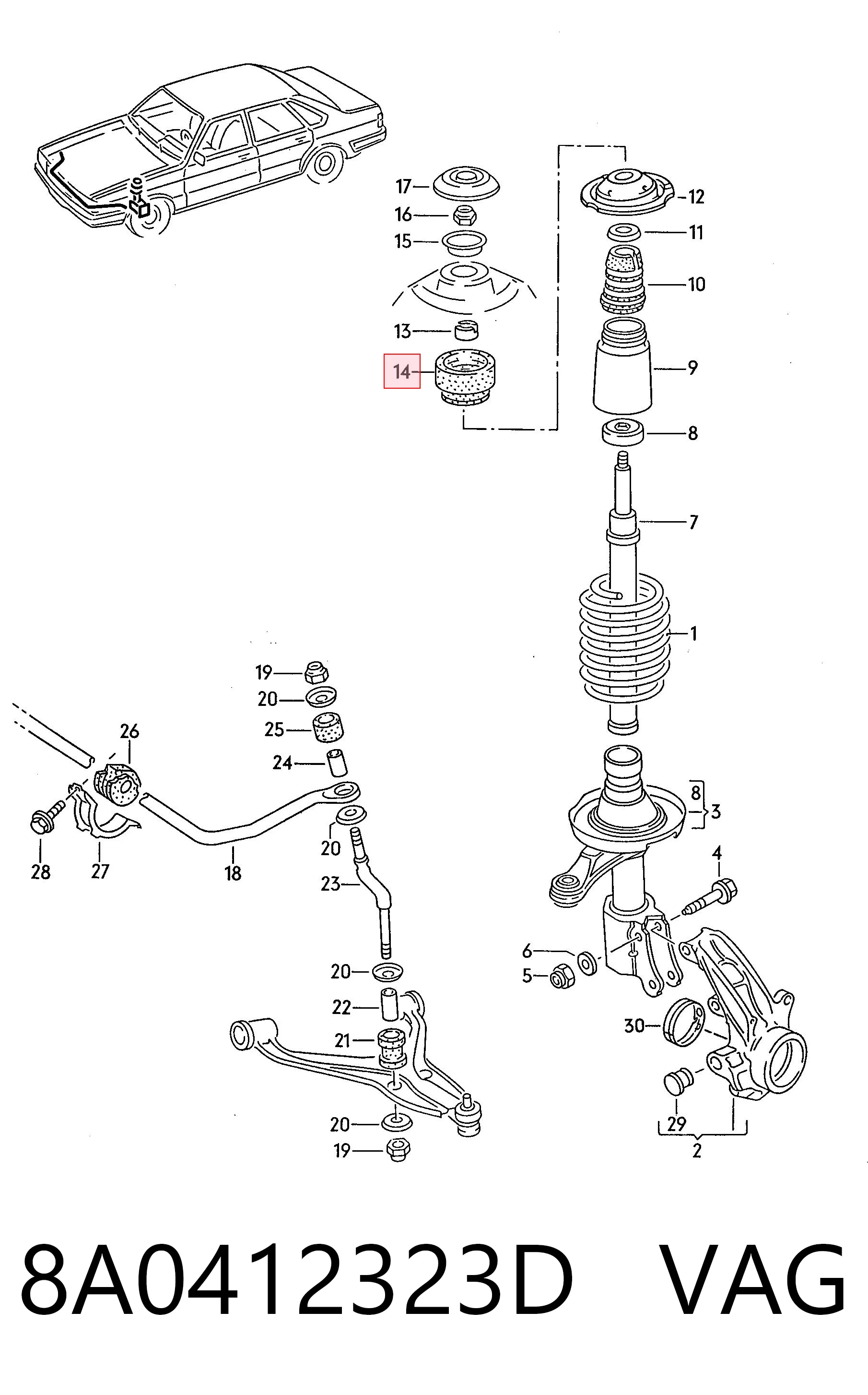8A0412323D VAG Suporte de amortecedor dianteiro