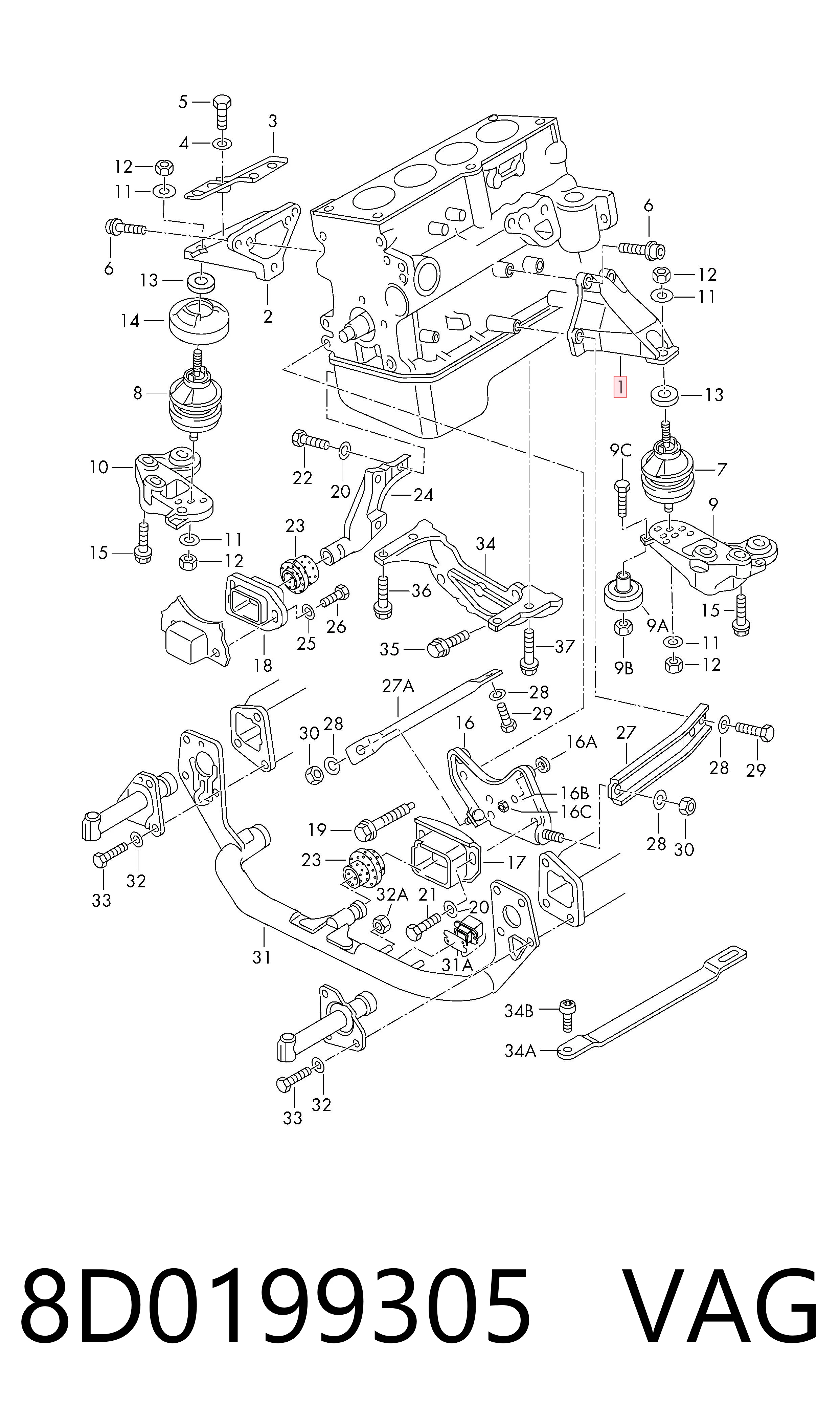 8D0199305 VAG Consola de coxim (apoio) esquerda de motor