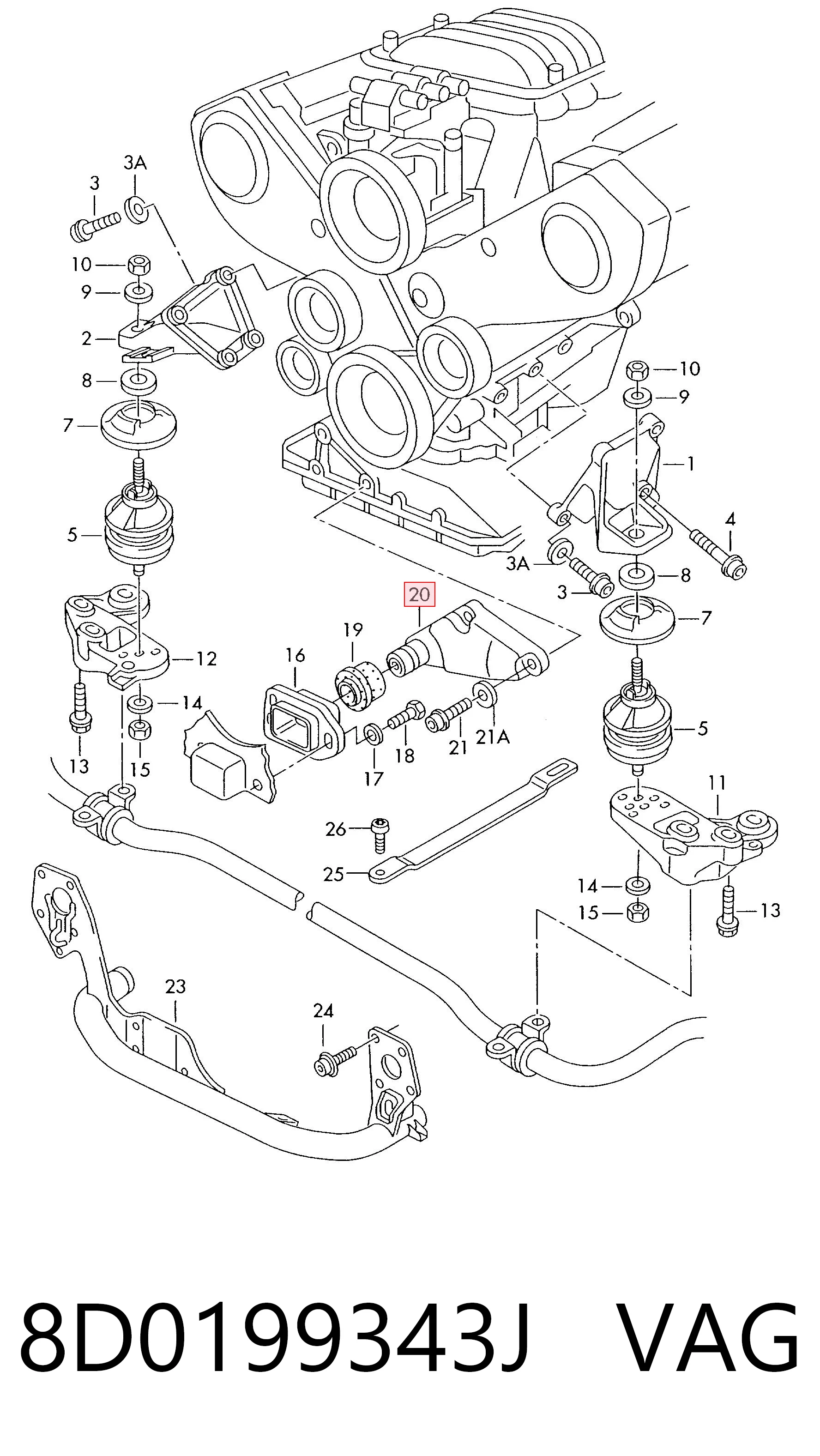 8D0199343J VAG Consola de coxim (apoio) dianteira de motor