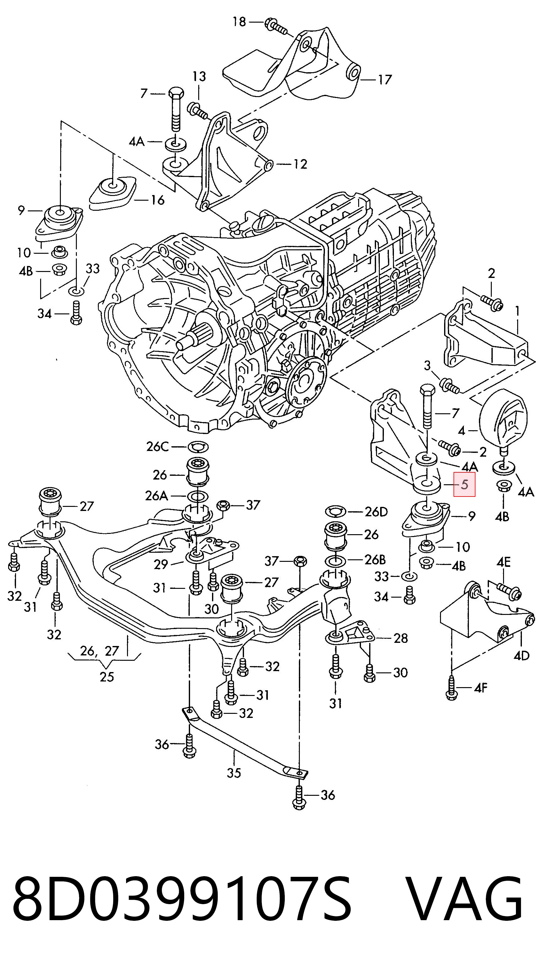 8D0399107S VAG Coxim de transmissão (suporte da caixa de mudança)