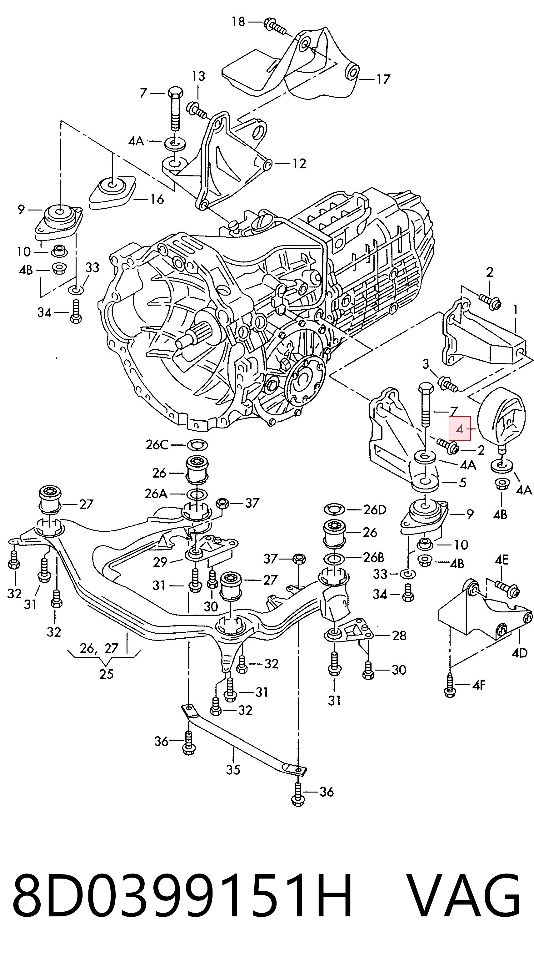 8D0399151H VAG Coxim esquerdo de transmissão (suporte da caixa de mudança)