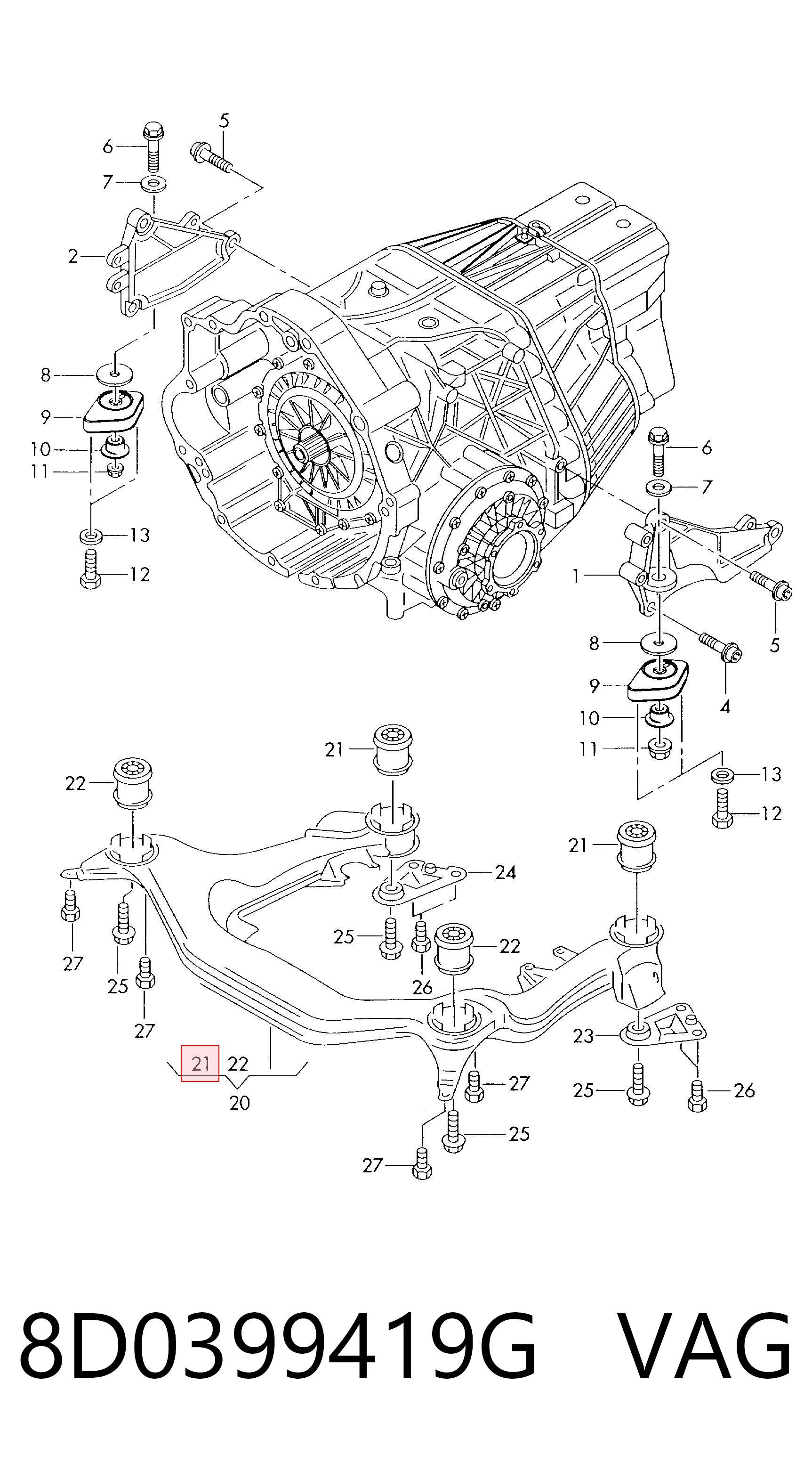 8D0399419G VAG Bloco silencioso (coxim) de viga dianteira (de plataforma veicular)