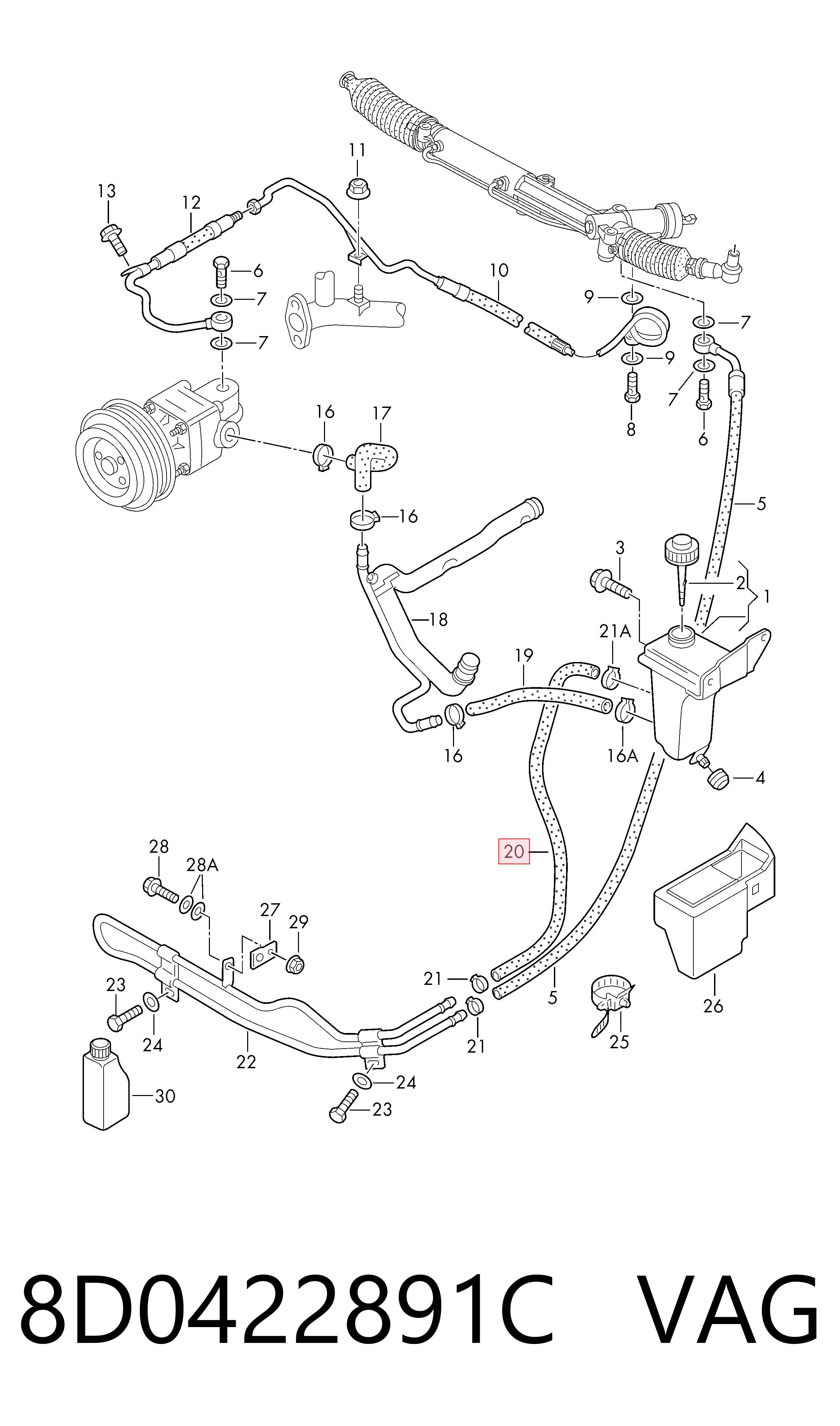 8D0422891C VAG Mangueira da Direção hidrâulica assistida de pressão baixa, desde o radiador até o tanque
