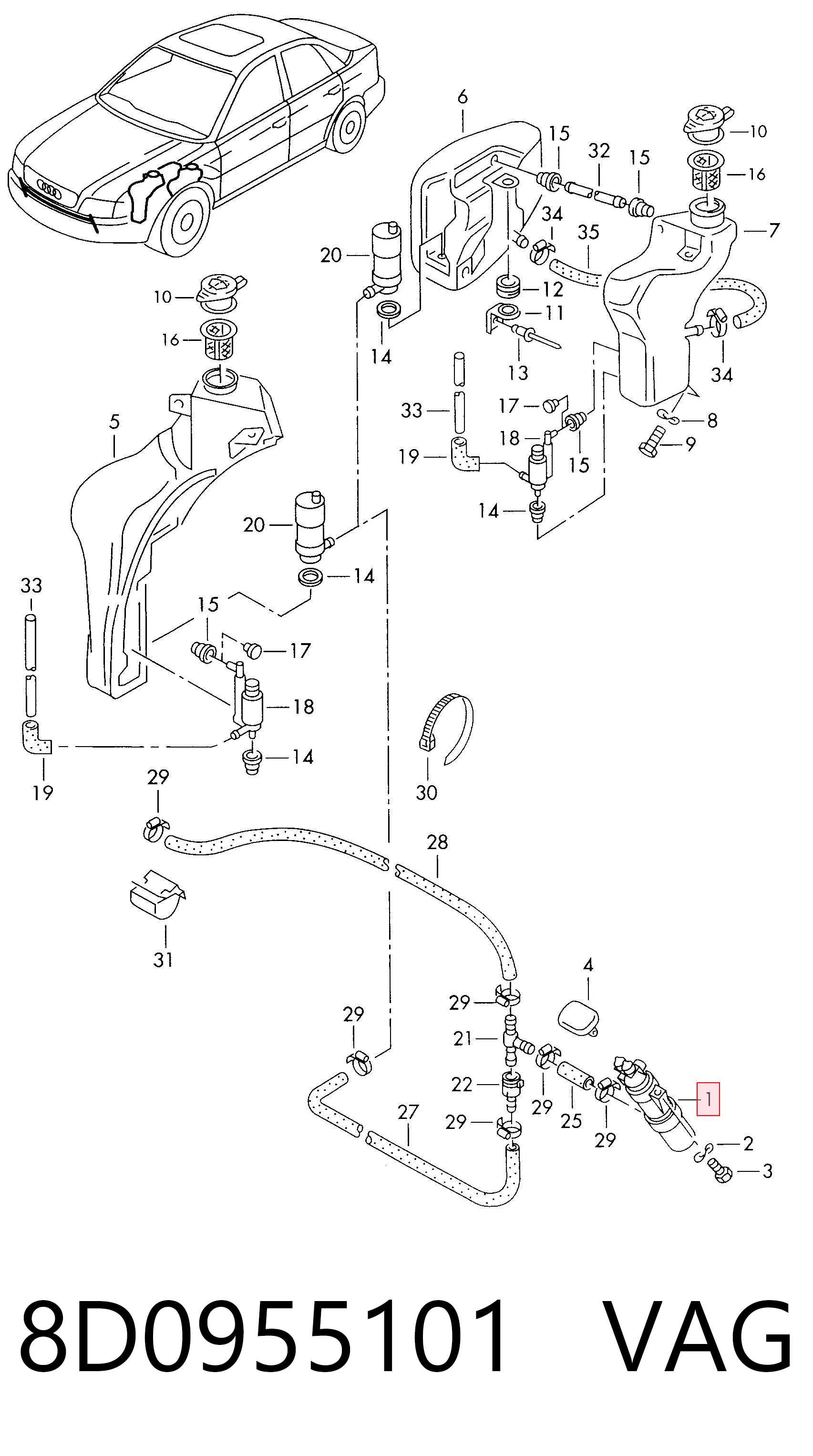 8D0955101 VAG Injetor de fluido para lavador da luz dianteira