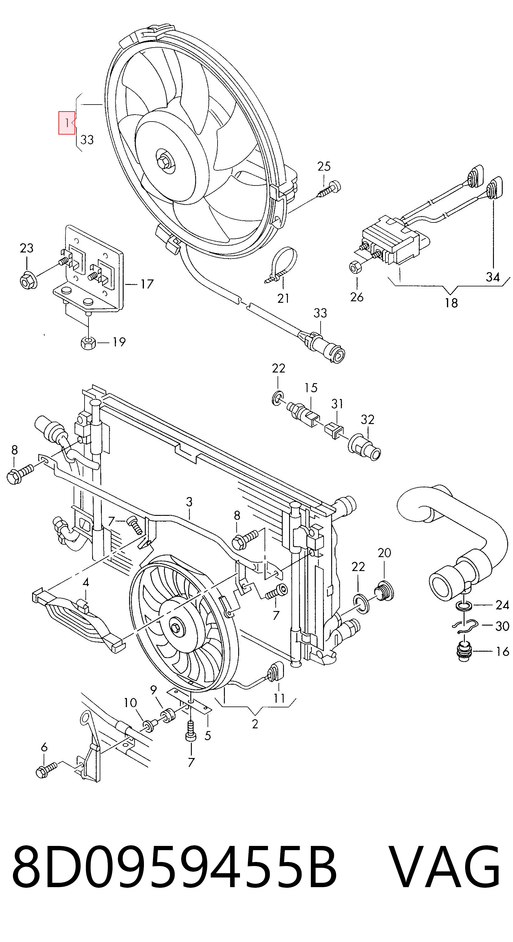 8D0959455B VAG Ventilador elétrico de esfriamento montado (motor + roda de aletas)