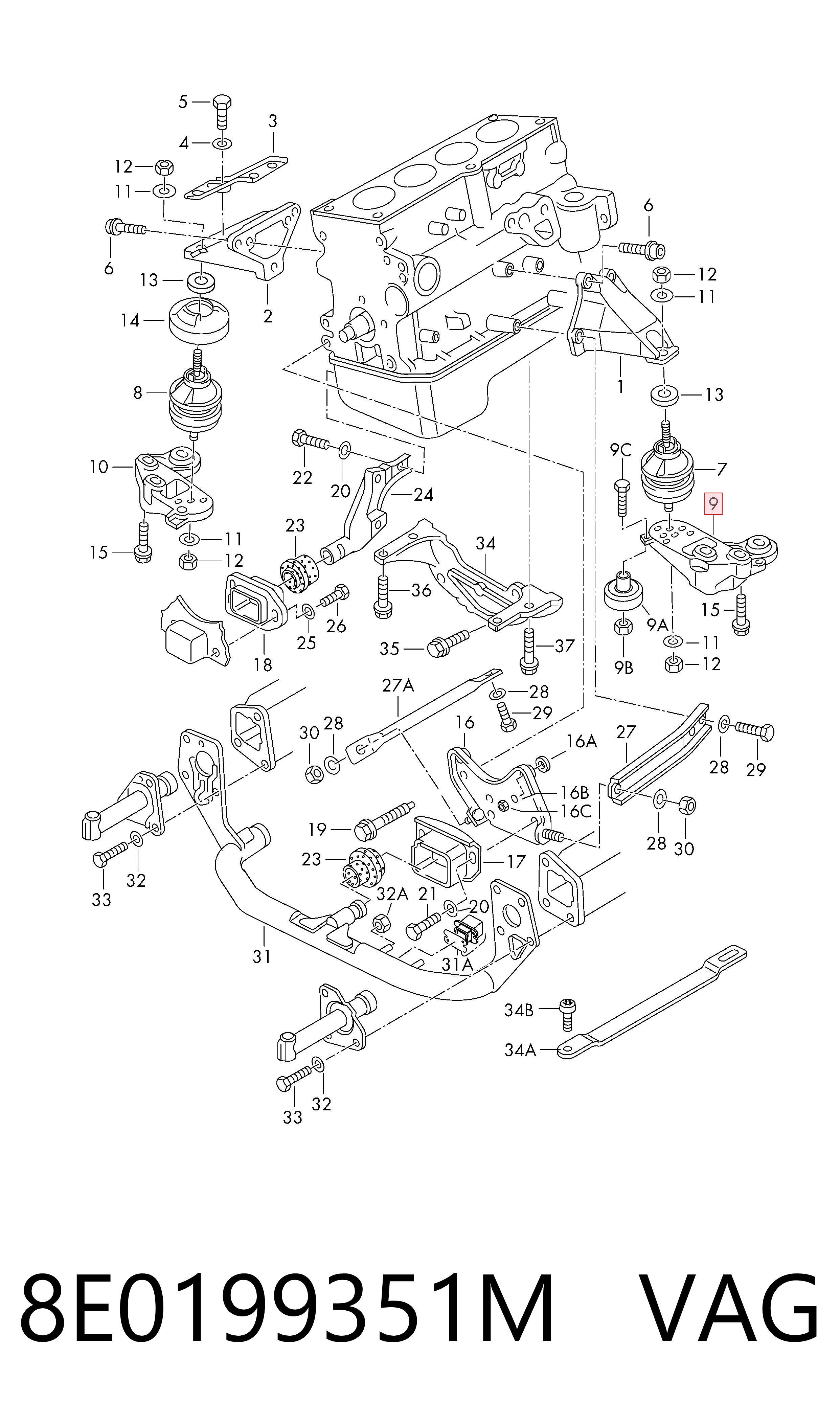 8E0199351M VAG Consola de coxim (apoio) esquerda de motor